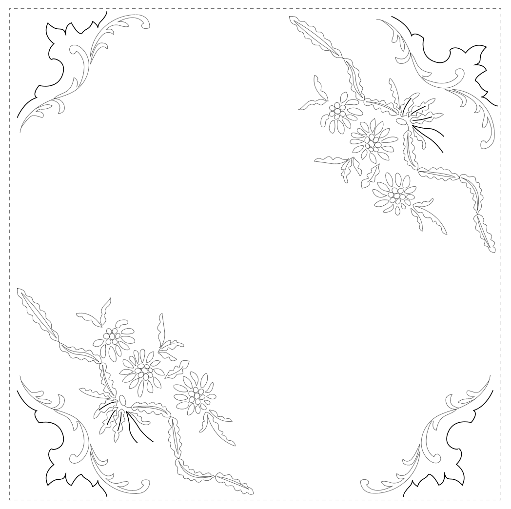 A decorative border with floral and leaf patterns in each corner, thin outline style.