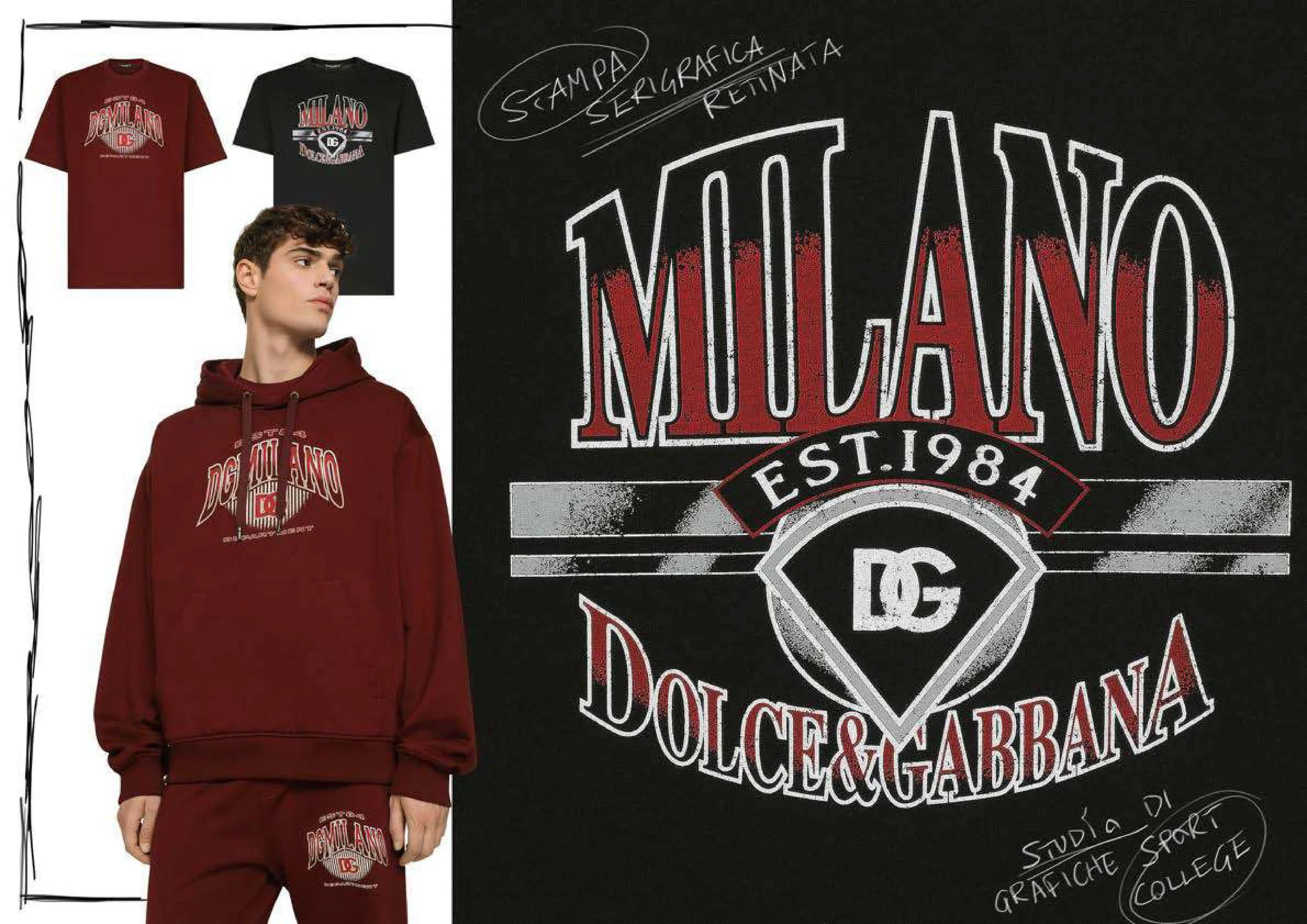 A person wearing a maroon hoodie and pants with a graphic design and text related to Milano. The background features a black chalkboard with handwritten notes and a large graphic with the words "Milano" and other design elements.