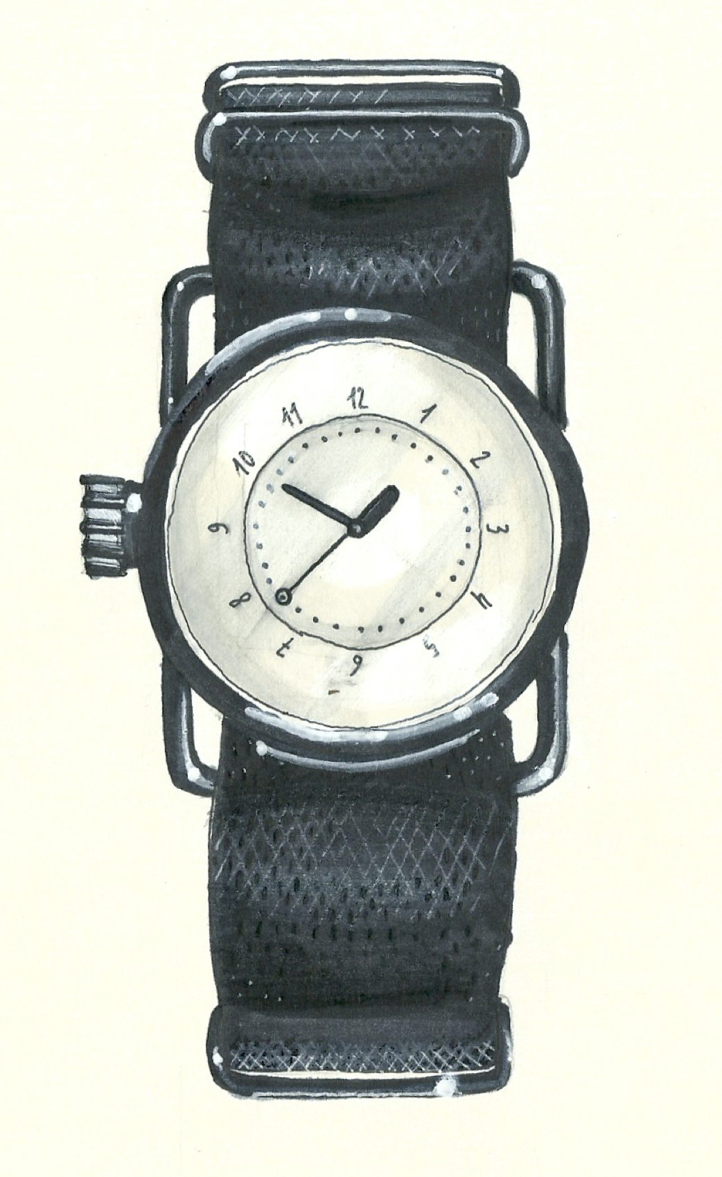 Hand-drawn illustration of a wristwatch with a round face, black strap, and traditional hour and minute hands, featuring a smaller inner dial with a second hand.