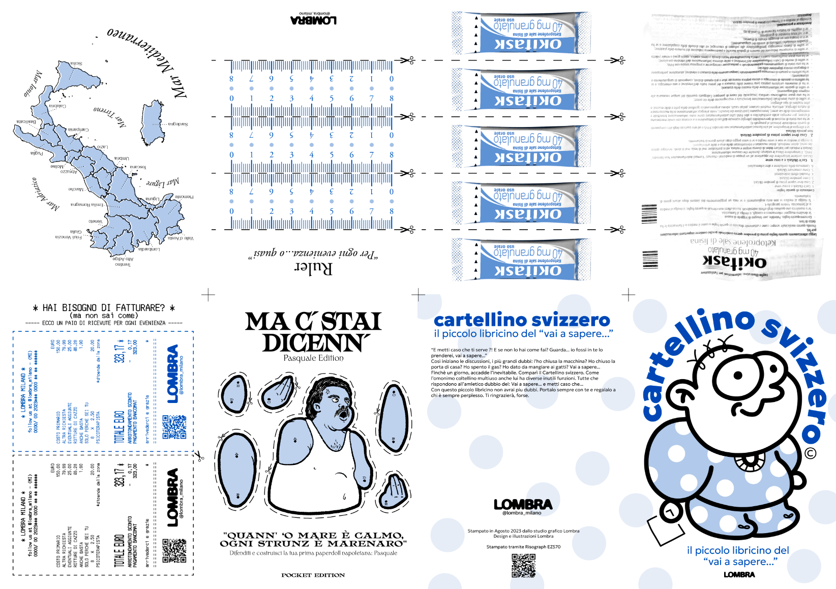 A colorful illustrated booklet with a cartoon baby on the cover, a map of Italy, and a receipt with prices. The booklet has Italian text and mentions a small comic book called 'retelling Switzerland,' with elements in blue and black, and includes sci
