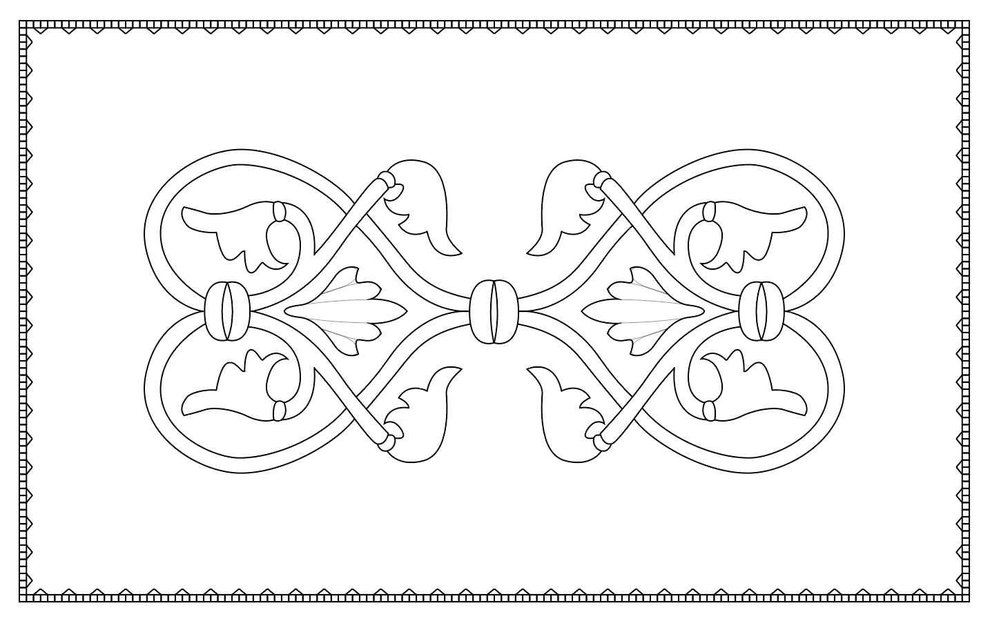 Outline of a decorative butterfly design with symmetrical floral elements and intricate border patterns.