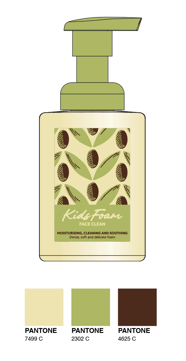 A bottle of Kidz Foam face wash with a pump dispenser, decorated with a pattern of leaves and coffee beans on the label.
