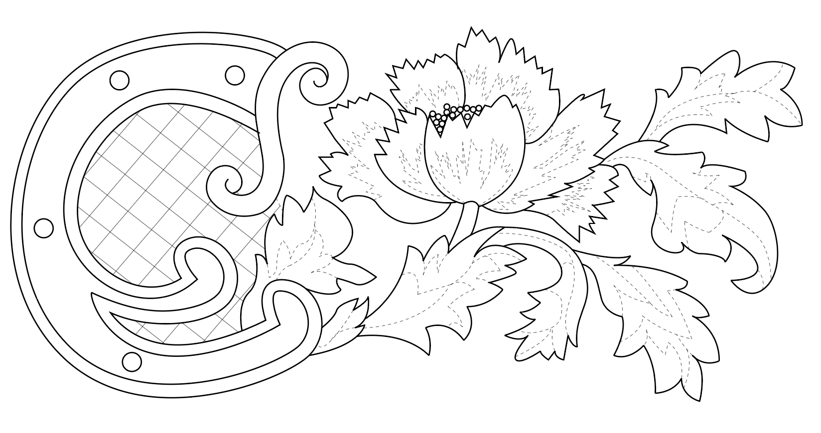 Black and white outline of a horseshoe with floral design, including flowers and leaves, for coloring or decoration.