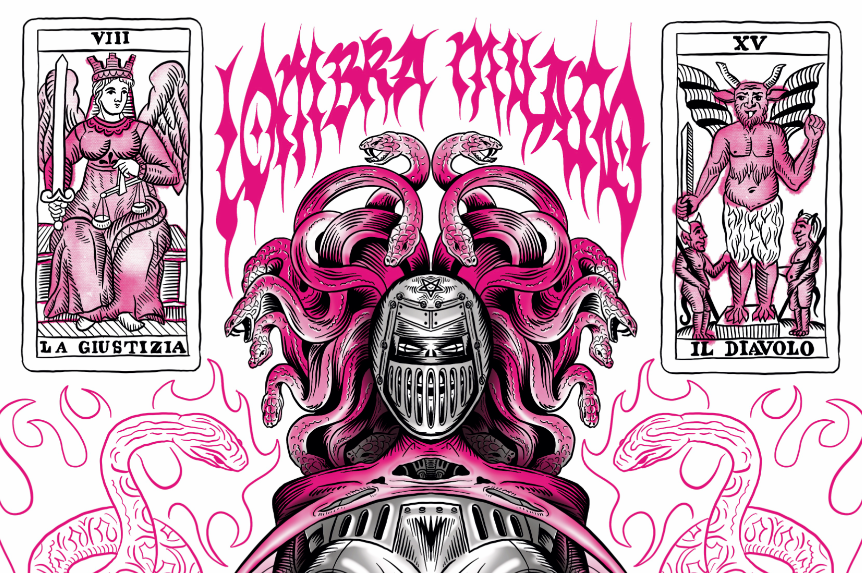 A graphic illustration featuring two tarot cards, one titled "La Giustizia" with a woman holding a sword and scales and the other titled "Il Diavolo" with a devil figure holding a staff and a woman. In the center, there is a menacing pink multi-heade