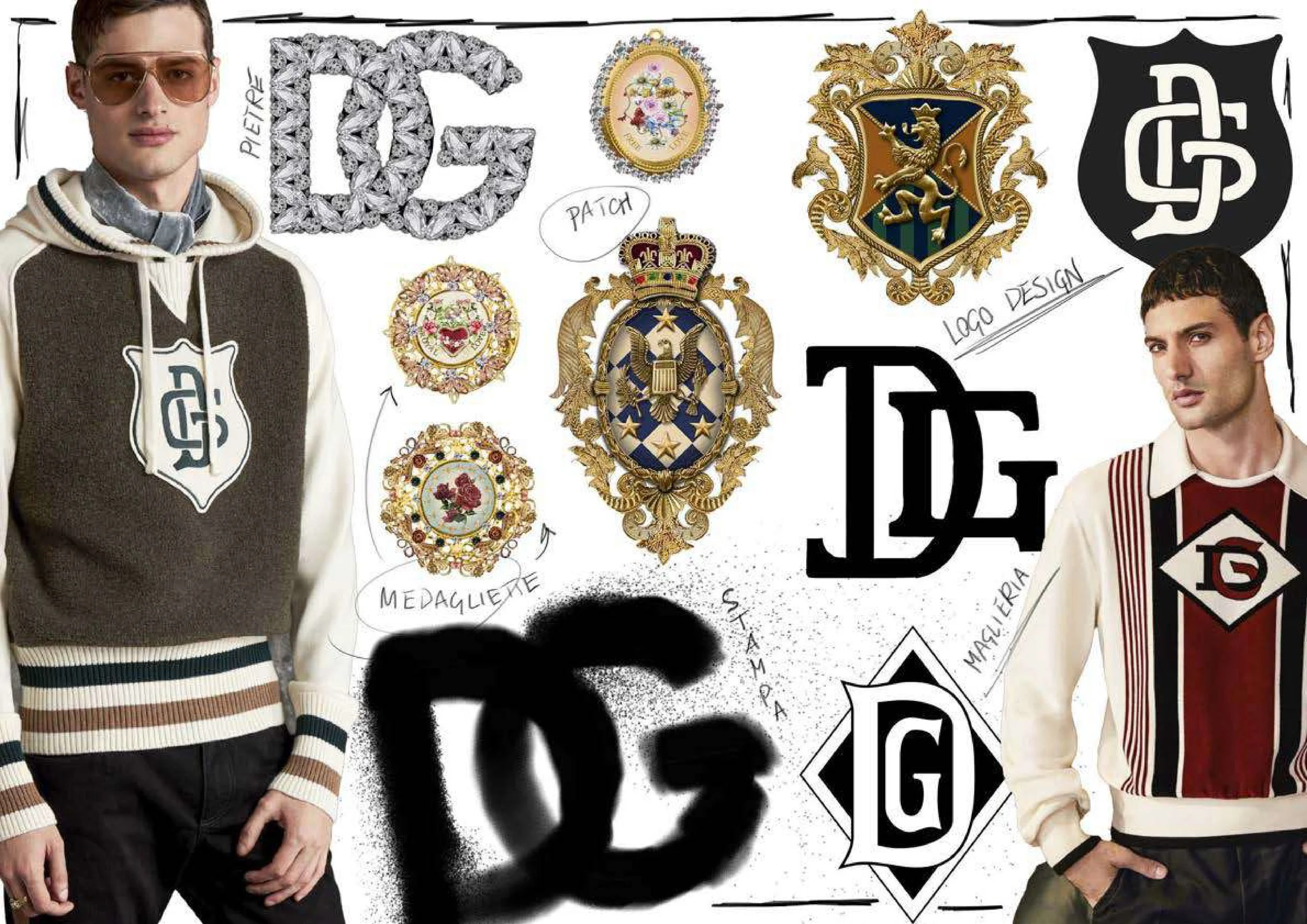 Image featuring logos, adornments, and two male models dressed in stylish clothing. The background includes various ornate badges, coats of arms, and design sketches with handwritten notes.