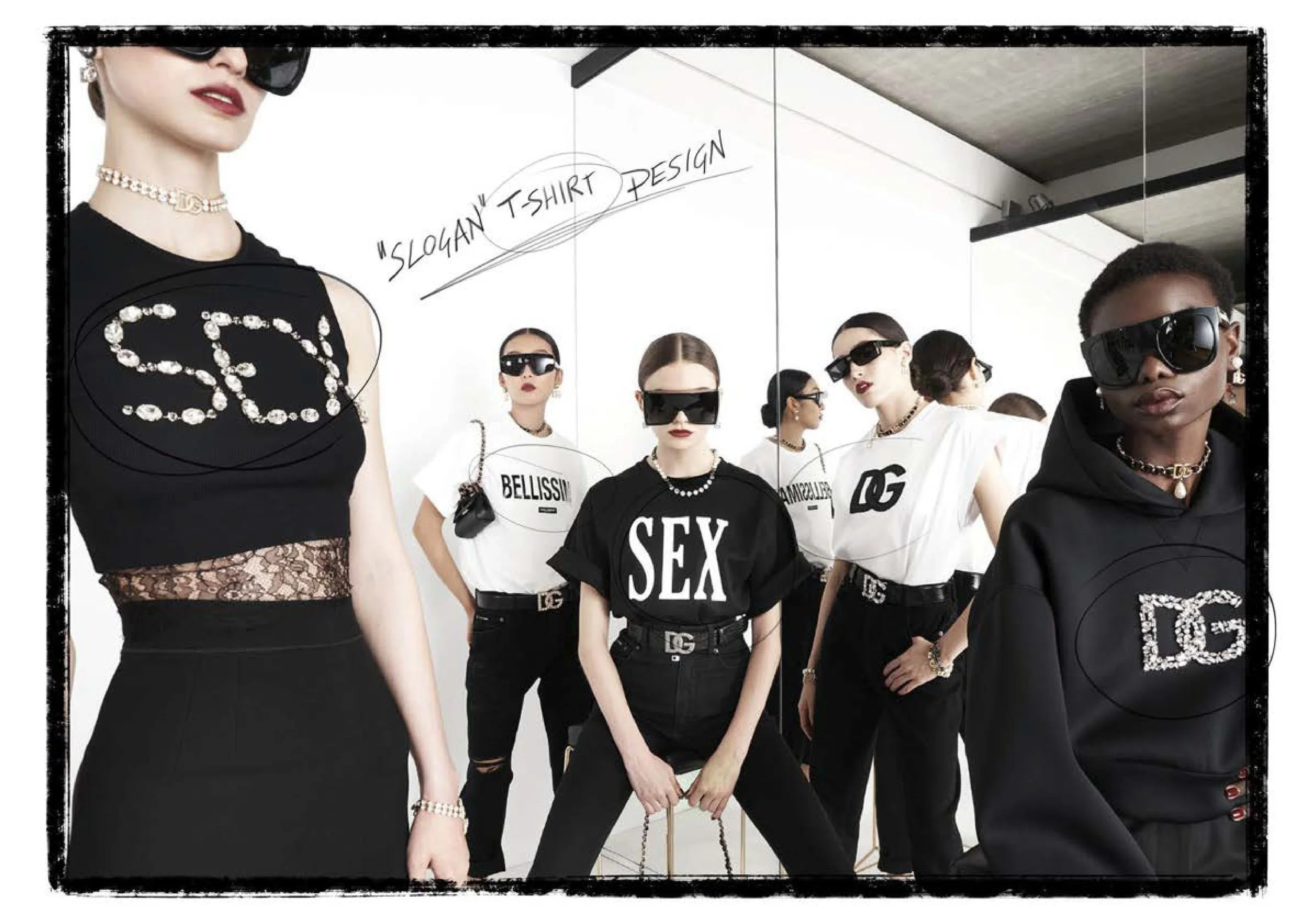 A group of women dressed in black and white clothing with bold text and patterns, wearing sunglasses and stylish accessories, posing in a modern studio setting.
