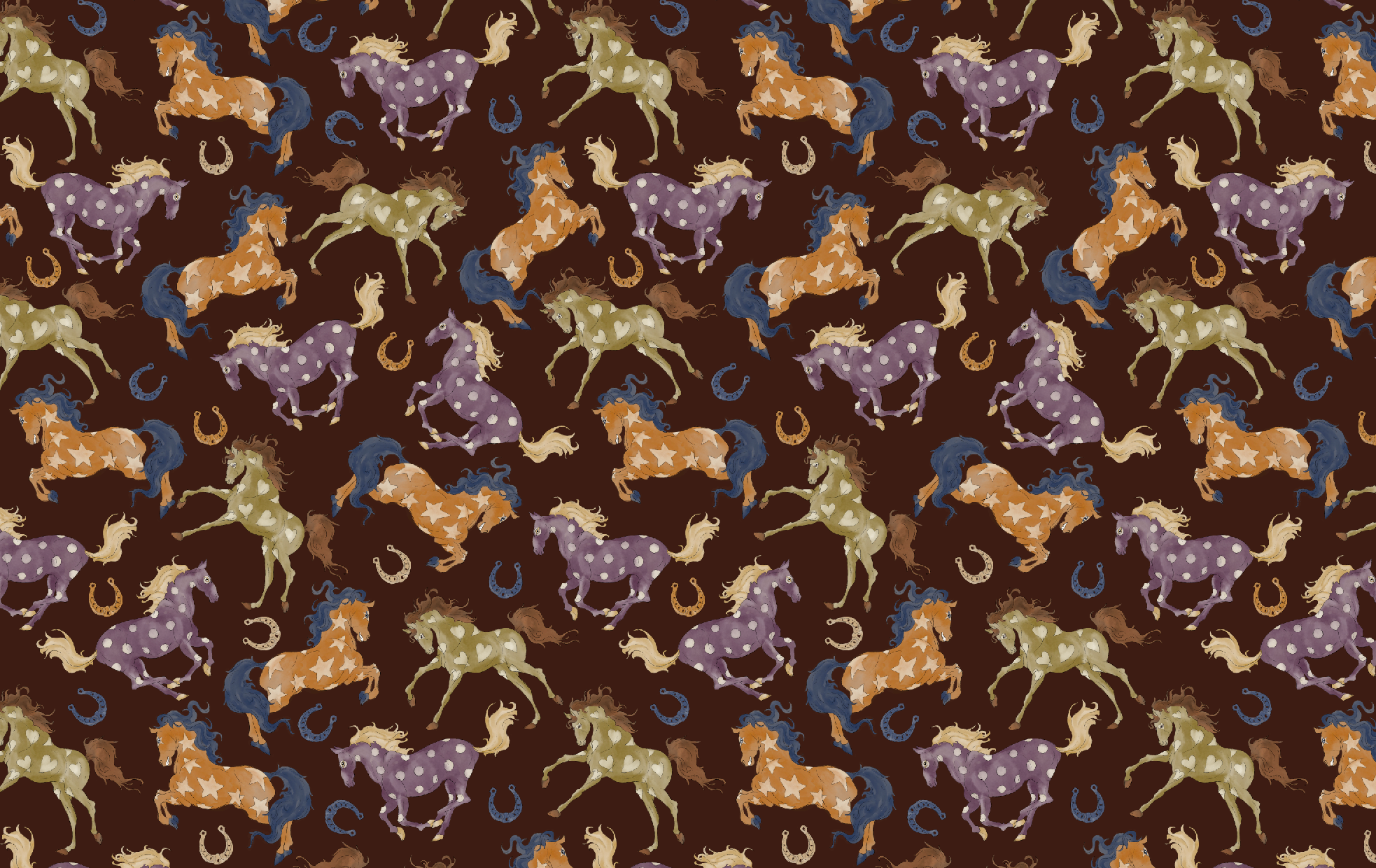 A repeating pattern of colorful cartoon horses and horseshoes on a dark brown background. The horses are in various poses and colors, including purple with white dots, orange with white stars, and light green with white hearts.