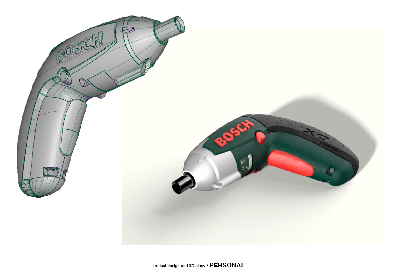 Comparison of a 3D model and a real Bosch cordless electric screwdriver on a white background.