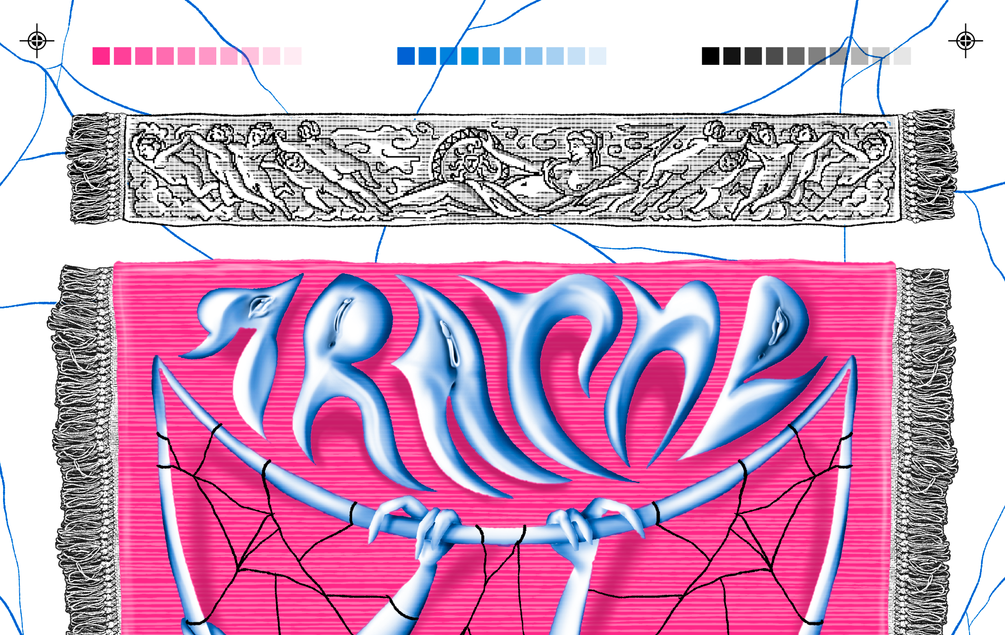 Colorful woven textile with gothic-style blue and white lettering on a pink background, surrounded by black web-like patterns and black fringe on each side.