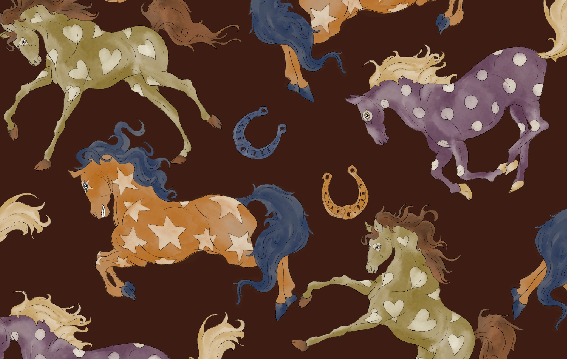 Pattern of colorful, cartoon-style horses with star, heart, and polka dot markings on a dark brown background.
