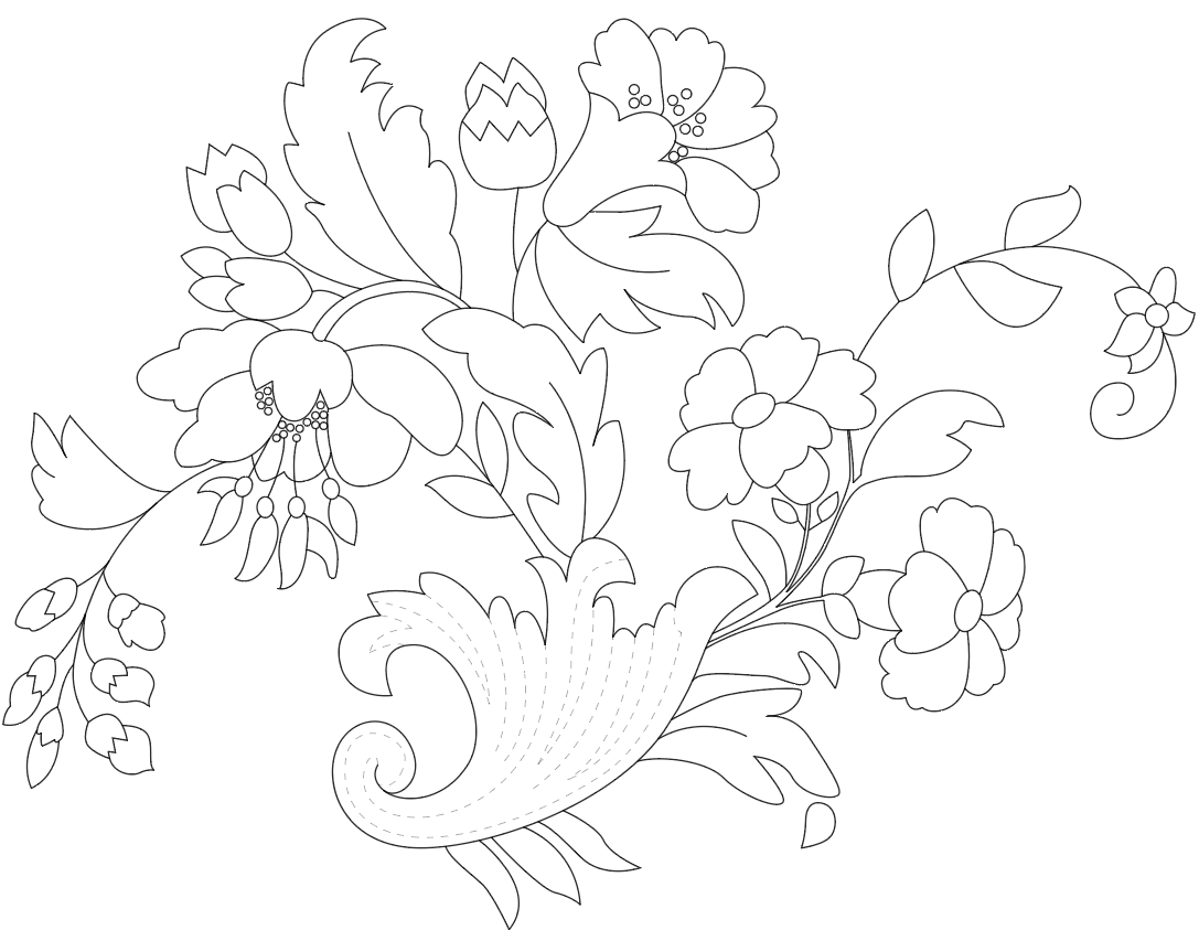Line drawing of a floral pattern with various flowers, leaves, and swirling details.