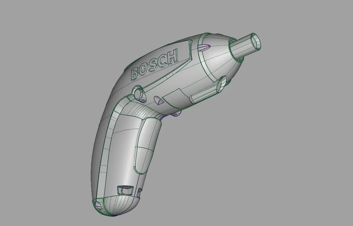 3D model of a Bosch power drill in a wireframe view.