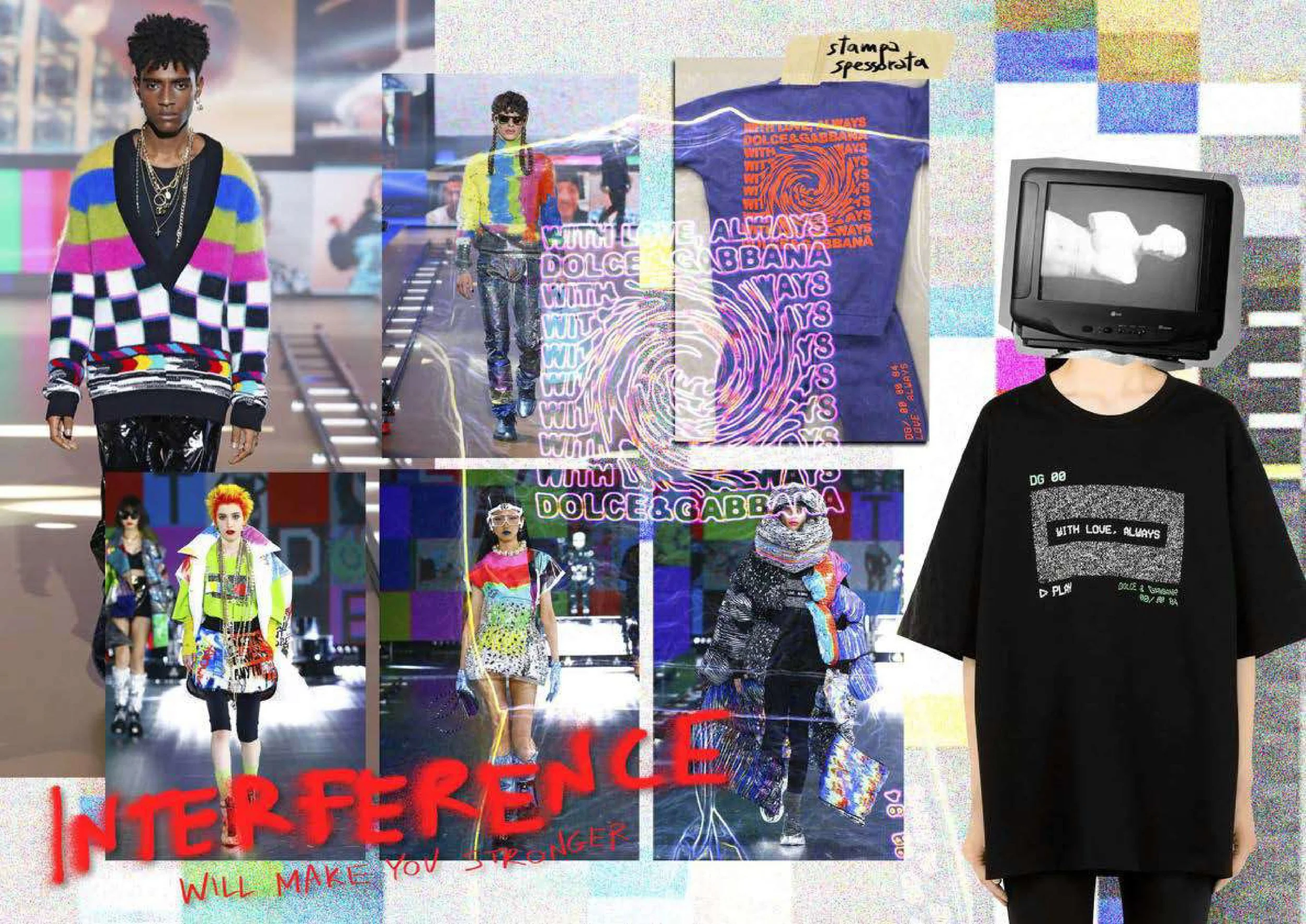 Collage featuring models in colorful fashion, a neon sign that says 'DOLCE and GABBANA,' and a person with a vintage television for a head, wearing a black shirt with text.