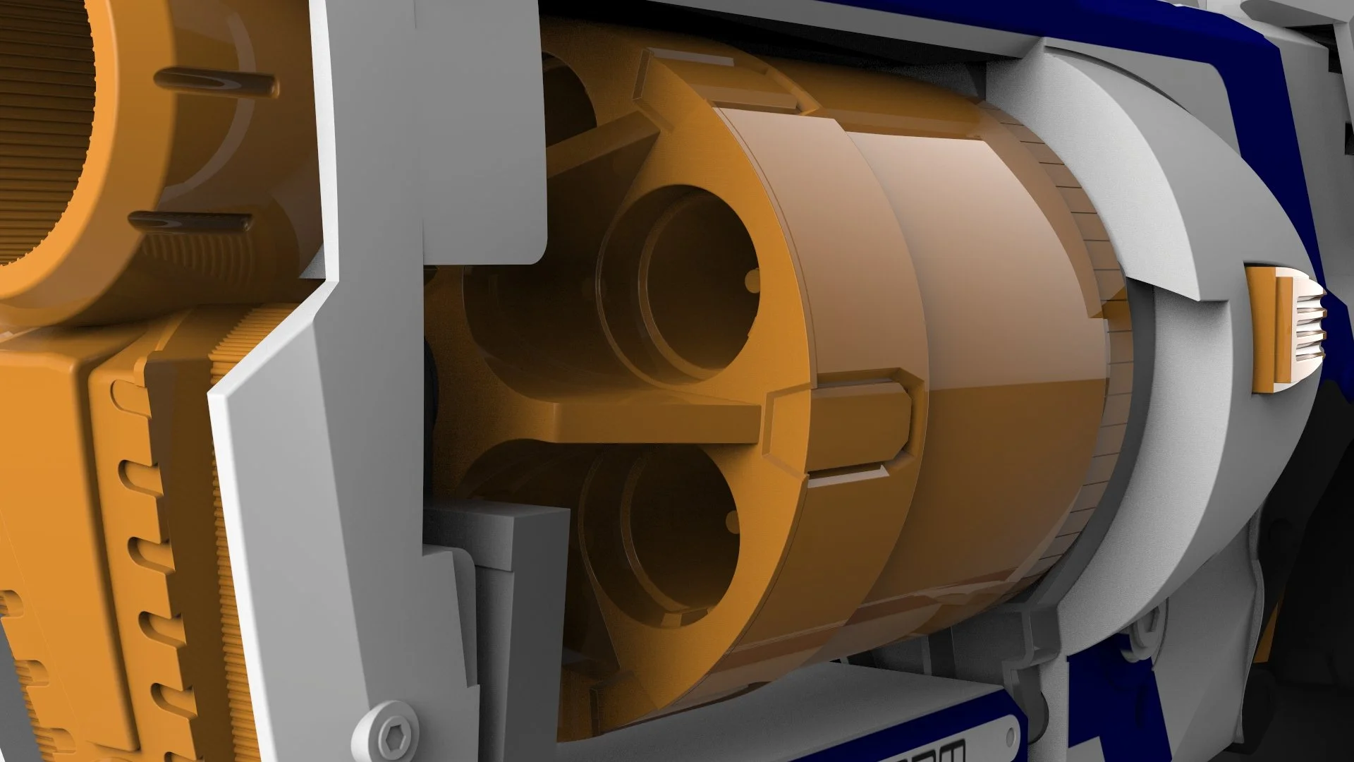 Close-up of a complex mechanical device with orange, gray, and white components, including circular parts and gears.