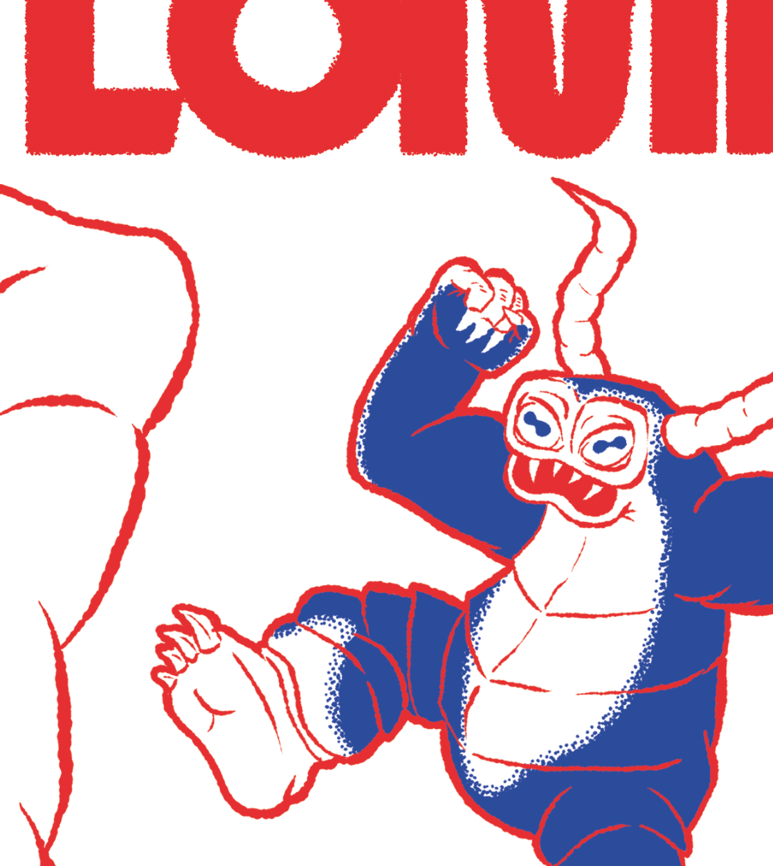 A cartoon illustration of a monster with a gorilla-like body, wearing a blue costume and white shorts, flexing its arm with sharp teeth, large eyes, and two long horns on the head. The top part of the image shows part of a red word, possibly the titl