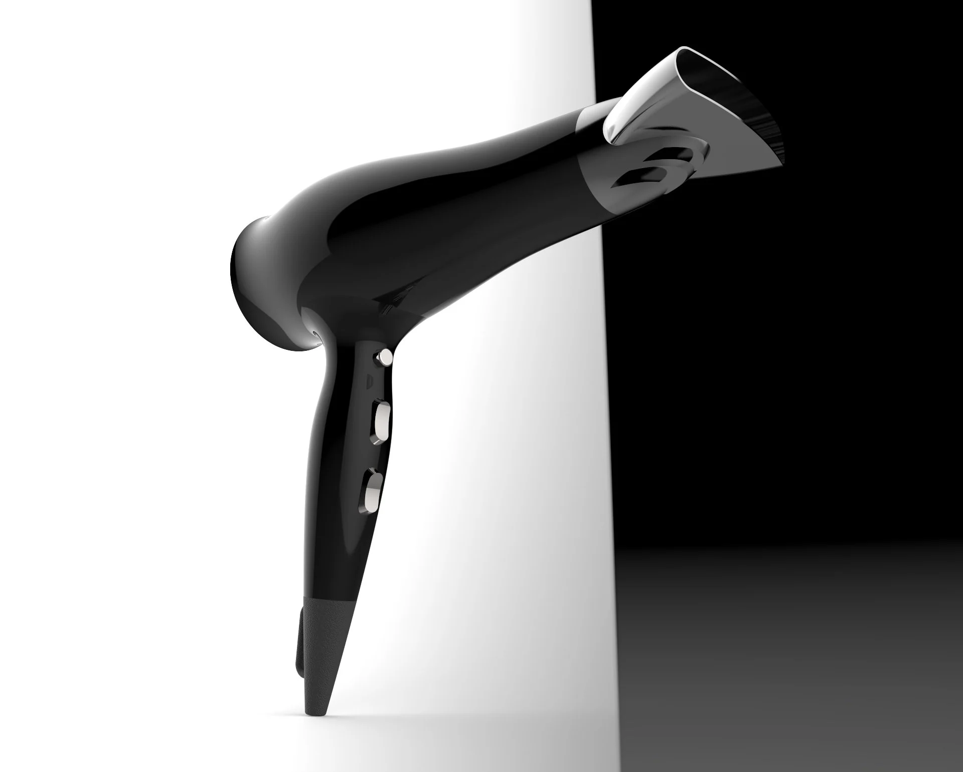 A black and silver hair clipper resting on a surface, divided into a white and black background.