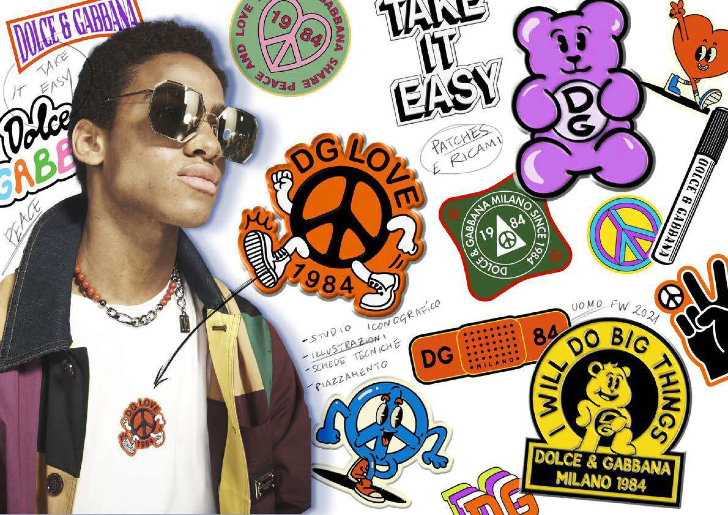 A person wearing sunglasses and jewelry is surrounded by colorful stickers and drawings with messages like 'Take it easy,' 'Peace,' 'Love,' and references to Dolce and Gabbana, Milano, 1984, and peace symbols.