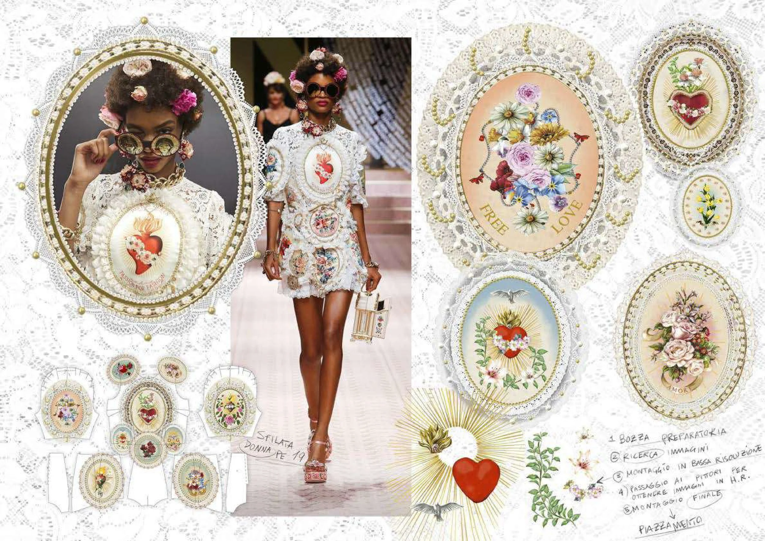 A fashion model walking down a runway wearing a white dress with floral motifs and sunglasses decorated with flowers, surrounded by intricate lace and floral embroidery patterns and sketches on paper.