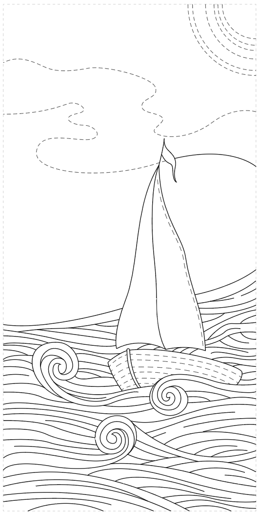 Line drawing of a sailboat on wavy waters with clouds and a sun in the sky.