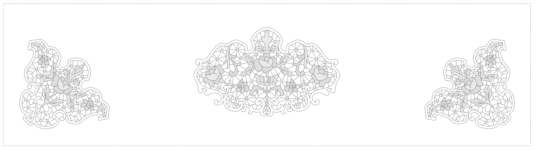 A detailed, ornate lace pattern with floral designs, symmetrical and intricate, featuring roses and leaves.