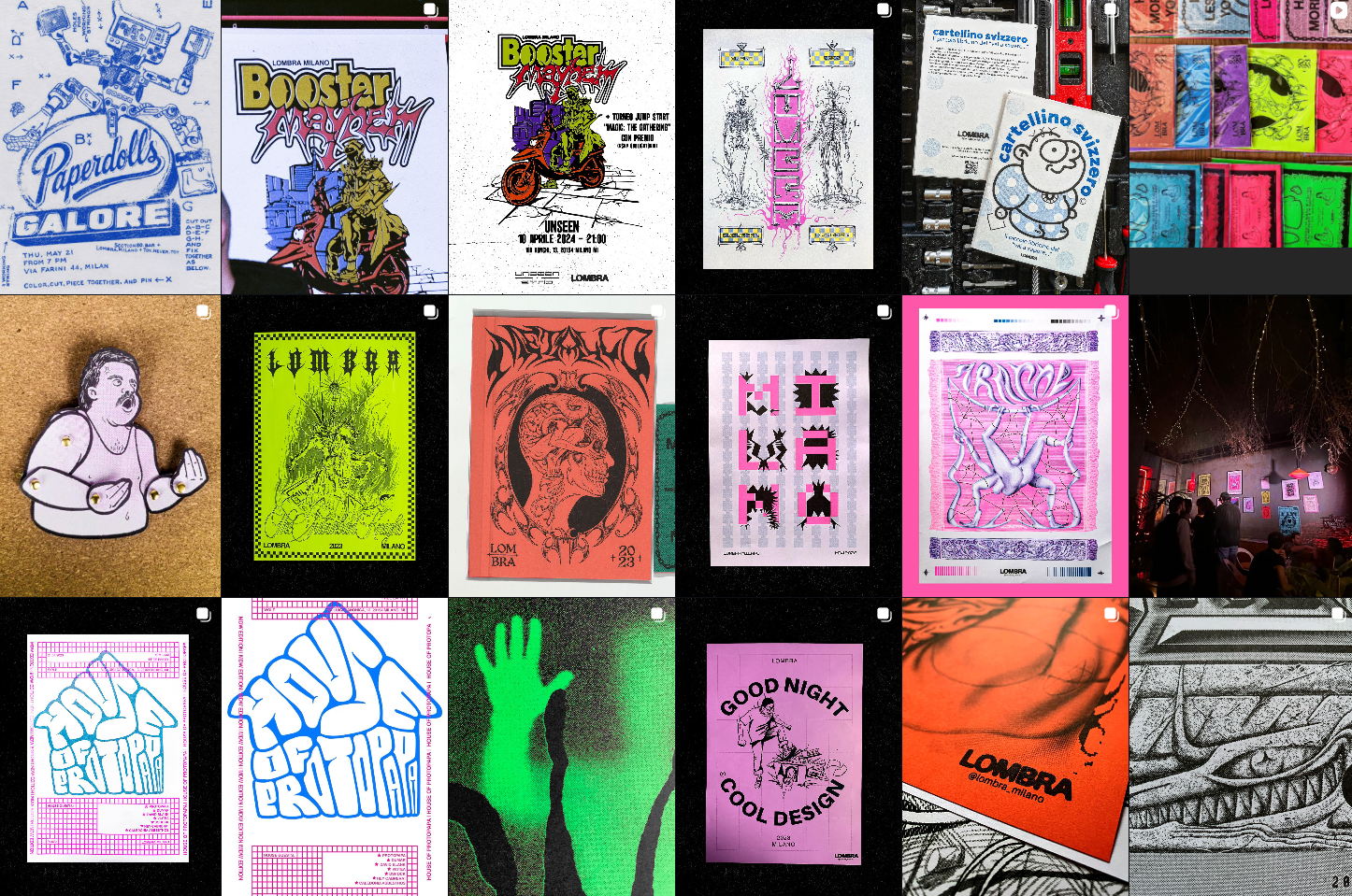 Collage of various posters, artworks, and flyers featuring street art, graphic designs, illustrations, and event advertisements with vibrant colors and abstract patterns.