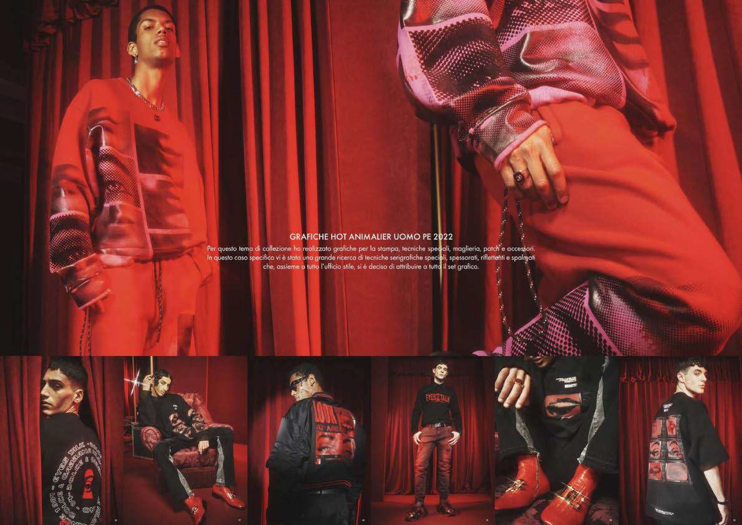 A group of young men and women dressed in fashionable streetwear posing in front of a red velvet curtain at a fashion or photoshoot event.