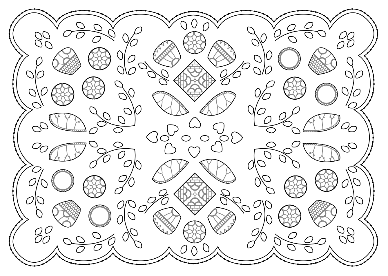 A black and white filigree-style decorative pattern with leaf and heart shapes, circular and diamond elements, and a scalloped border.