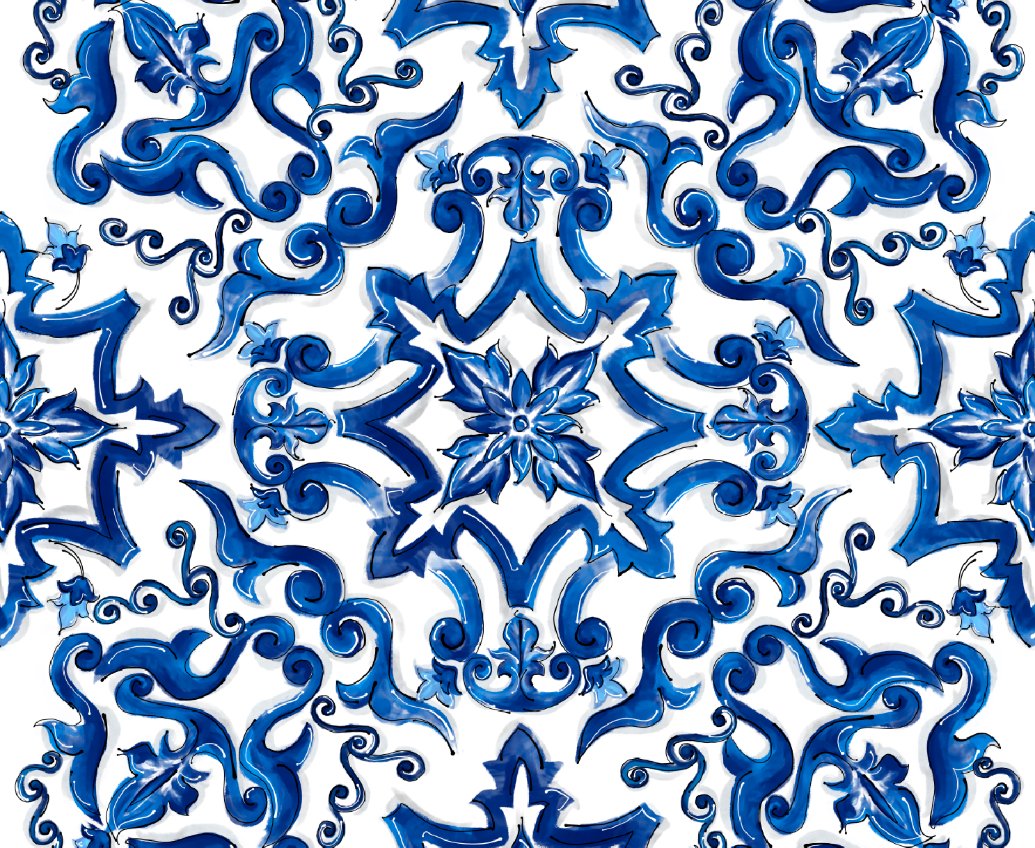 Decorative tile pattern with intricate blue floral and scroll motifs on a white background.