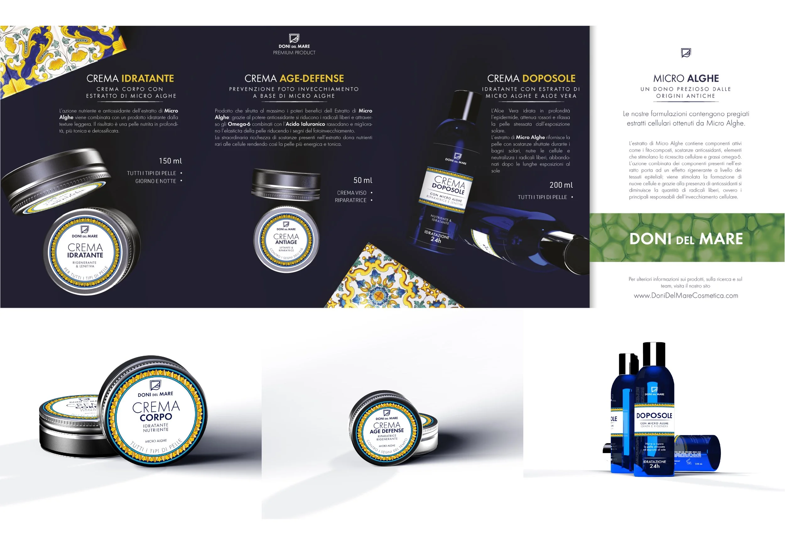 Collection of skincare products from Doni del Mare, including creams in jars and bottles, with colorful patterns and labels indicating hydrating, age-defense, and algae-based formulations.