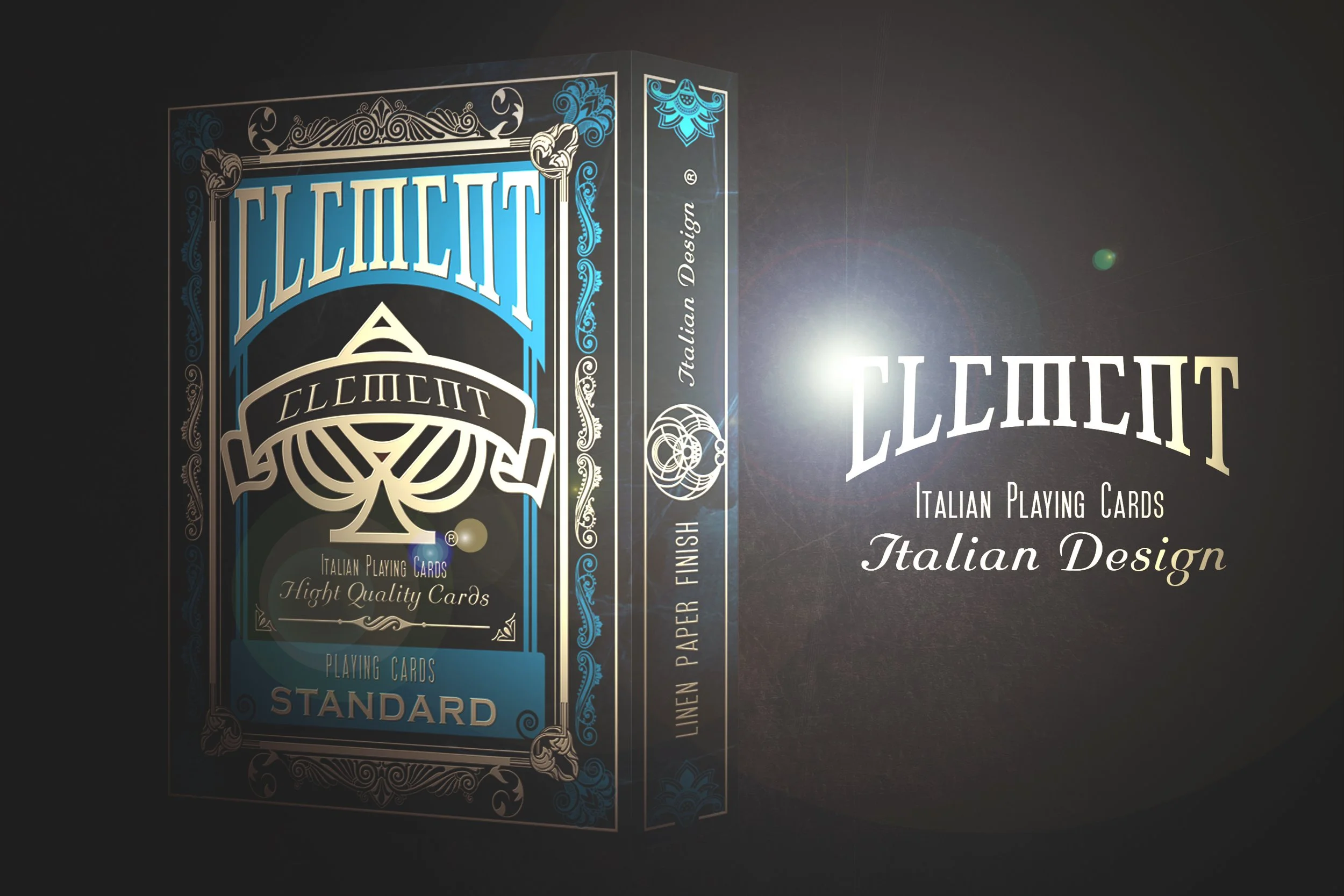 A deck of Italian playing cards with blue and black ornate designs and the words 'Italian Design' and 'Standard' visible.