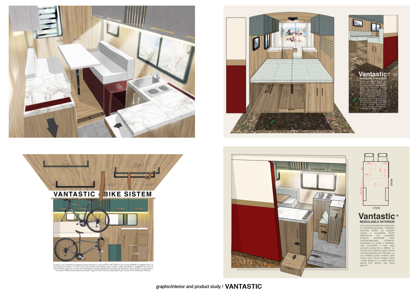 Various angles and interior layouts of a compact, modular living space called VANTASTIC, including kitchen, seating, and bike storage areas.