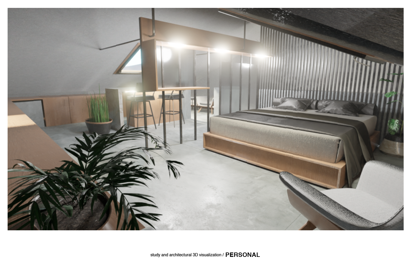 Modern attic bedroom with gray walls, sloped ceiling, bed with gray bedding, potted plants, a chair, and a bar-height table with stools, illuminated by natural light from a triangular window.