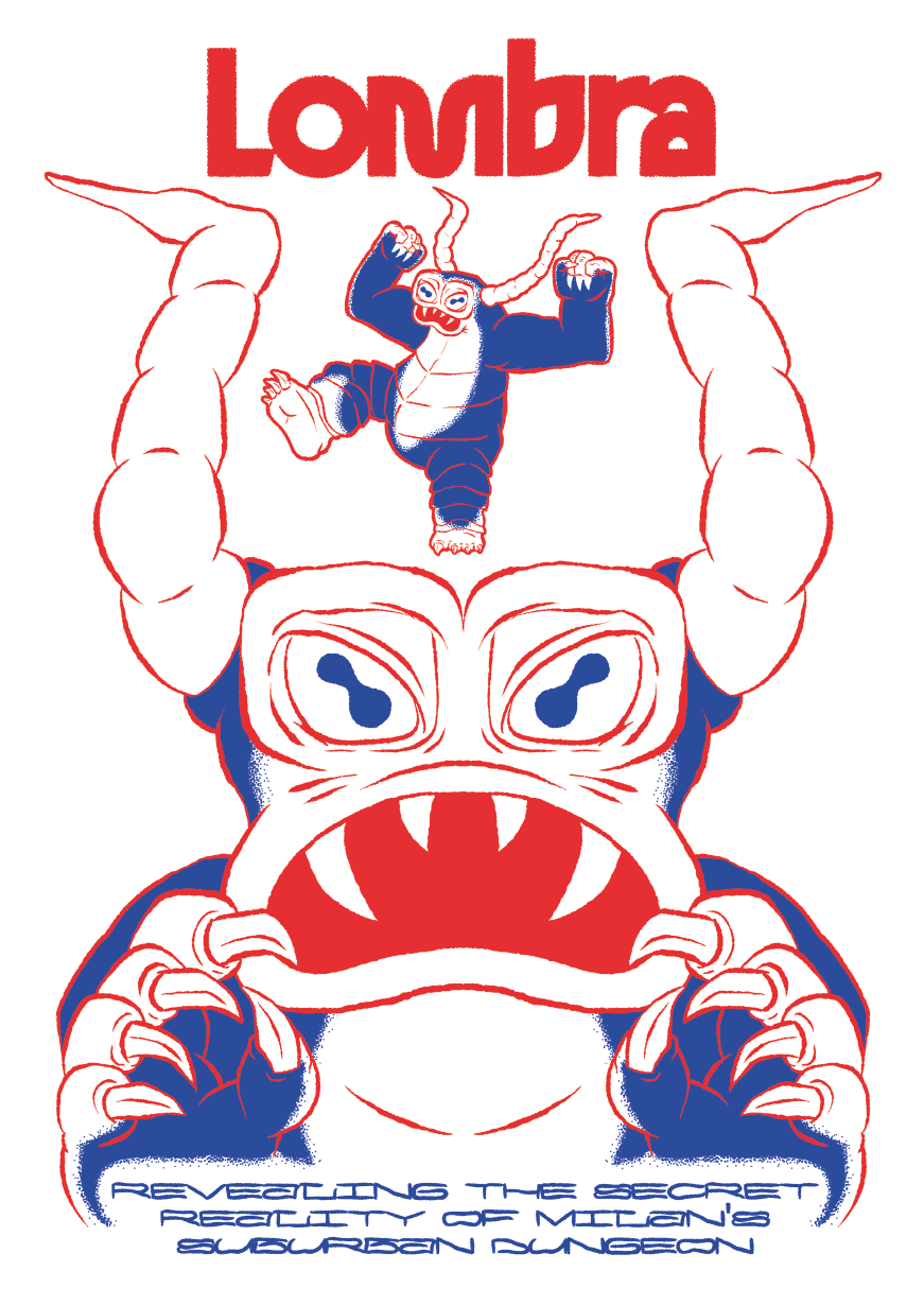 A manga-style illustration of a large, fierce creature with big eyes, sharp teeth, and claws in red and blue. A smaller, humanoid figure with horns is jumping between the creature's horns. The text 'Lombra' appears at the top, and there is additional