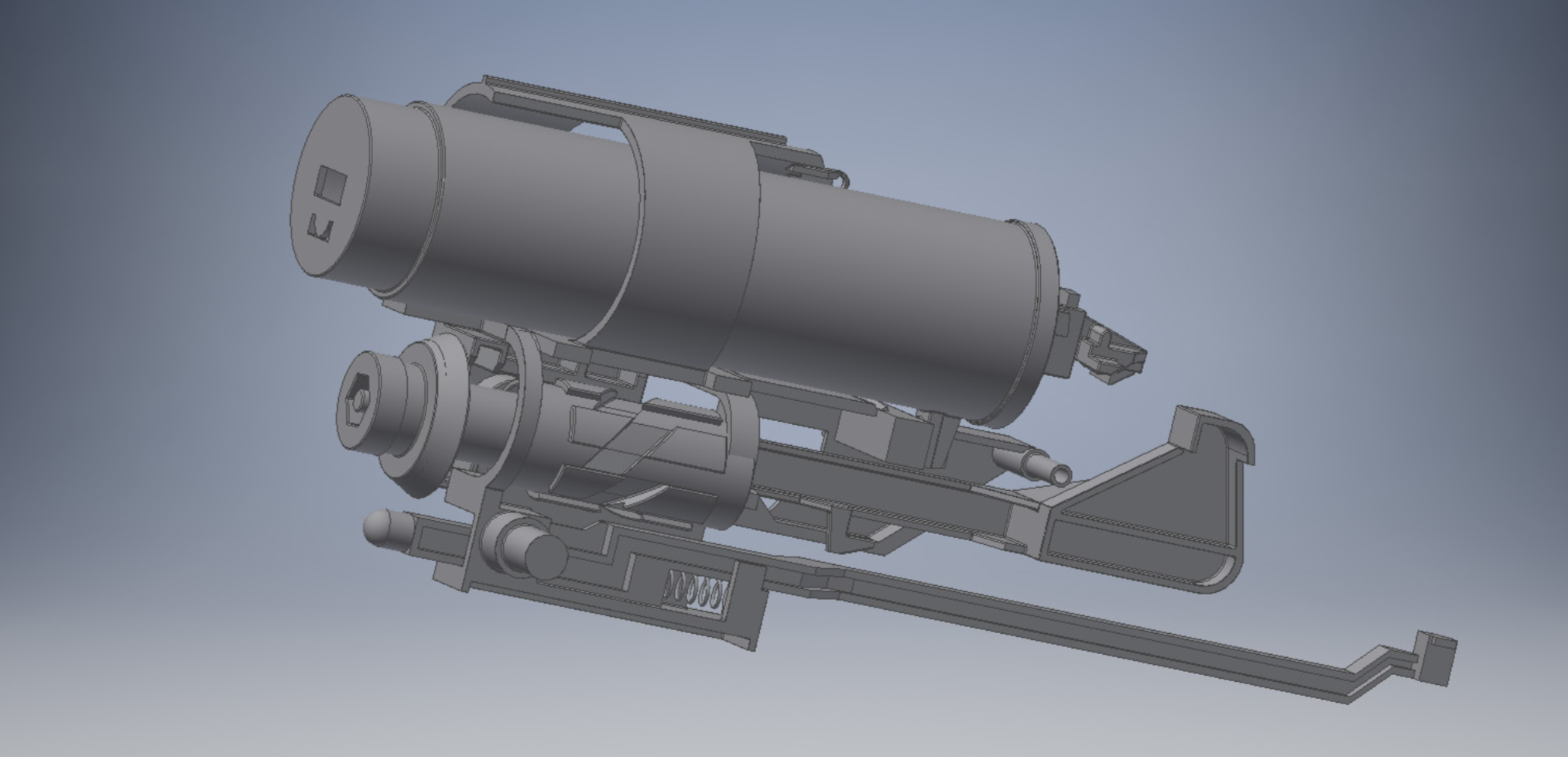 A 3D CAD model of a machine gun or firearm with detailed components.