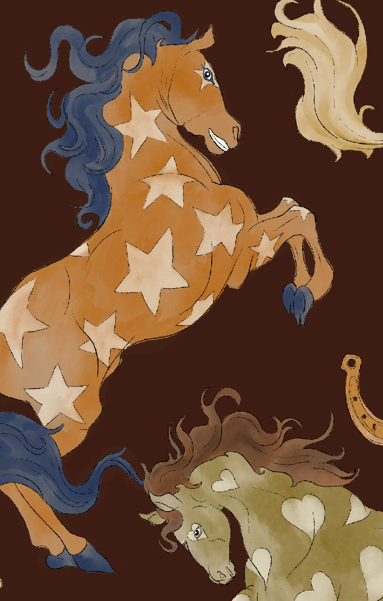 An illustration of two horses, one with a blue mane and stars on its coat, and the other with a greenish coat and heart patterns. The background is brown, and there are abstract golden elements.