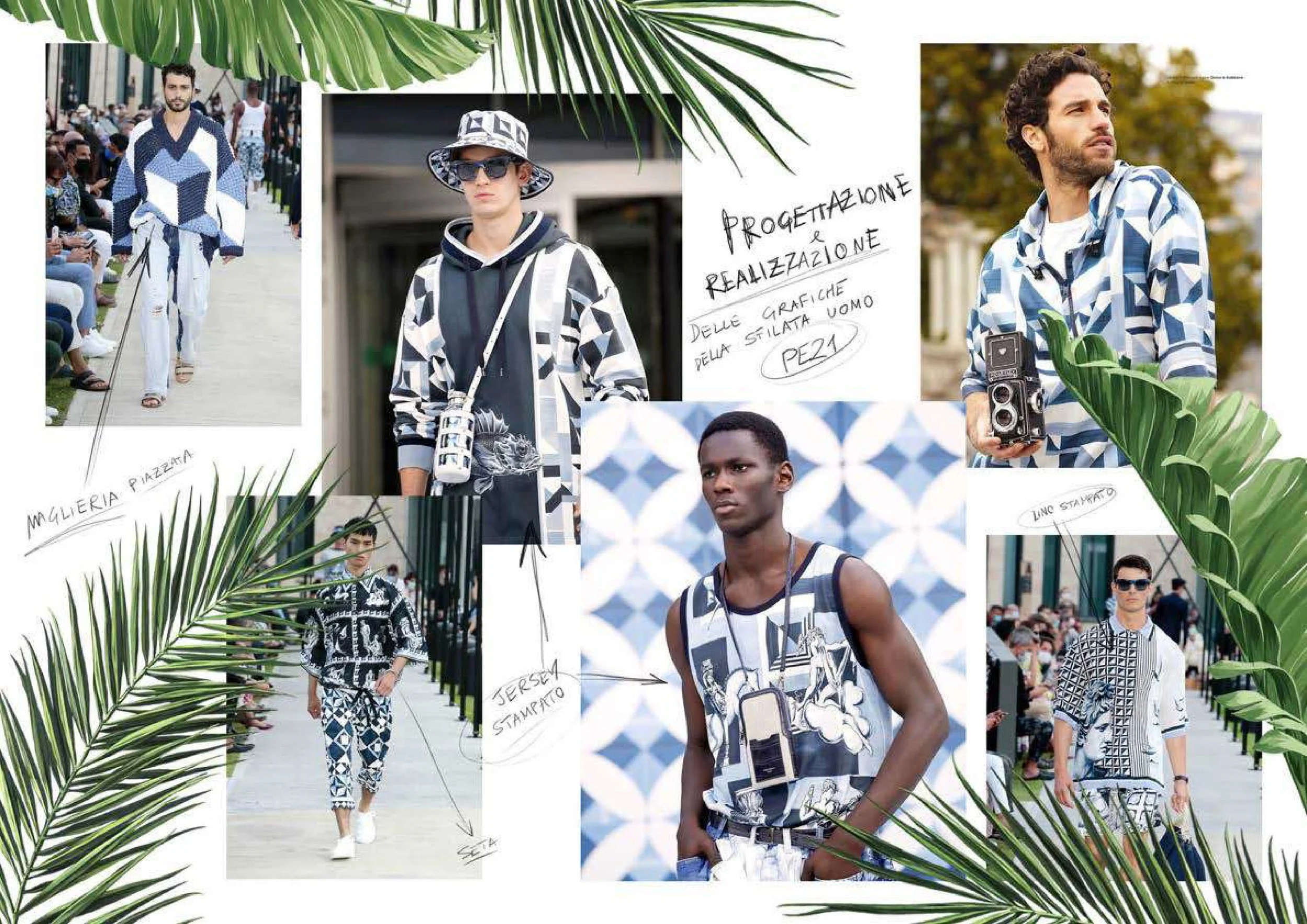 Collage of male models walking on a runway during a fashion show, with notes and sketches about the designs, surrounded by green tropical leaves.