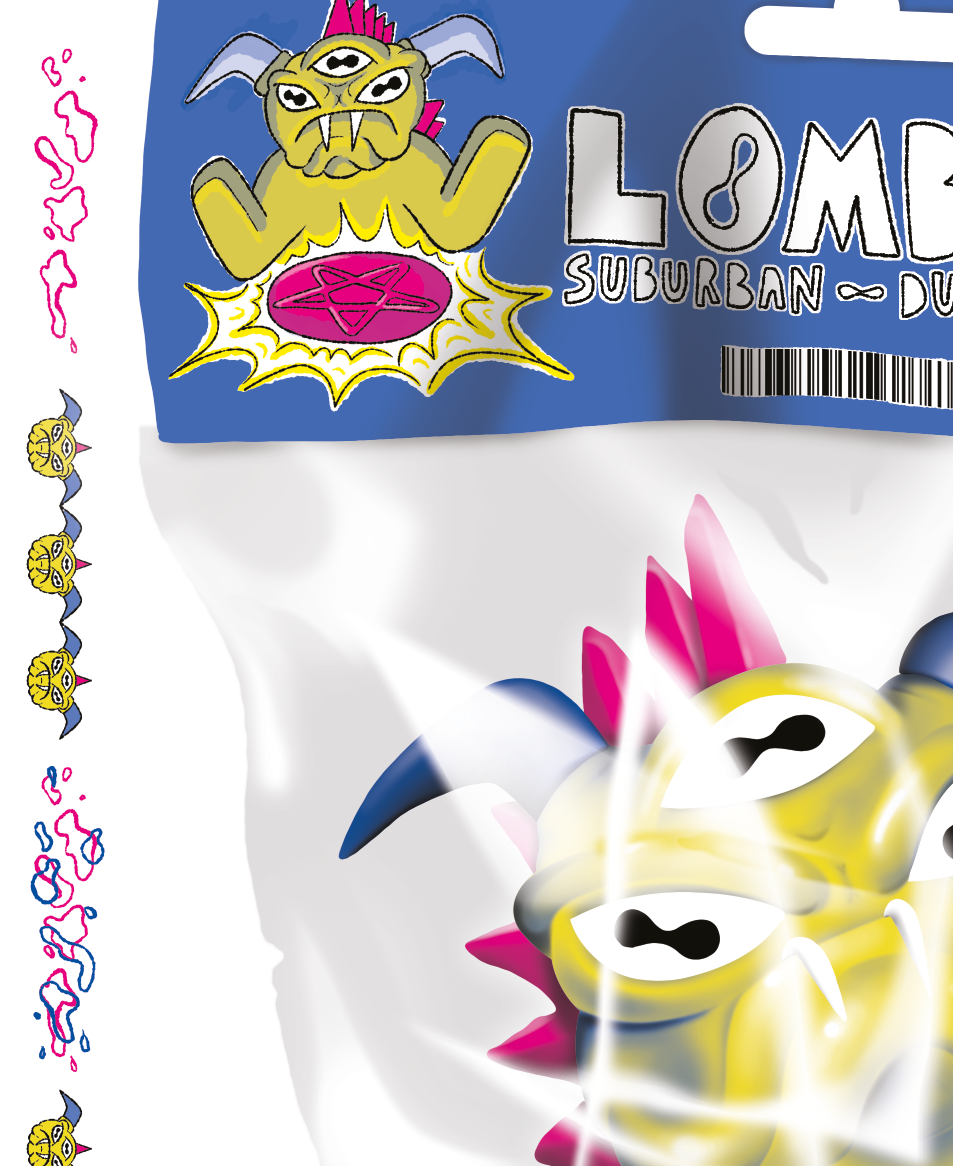 A colorful piece of candy packaging featuring a cartoon monster with multiple eyes, horns, and fangs. The wrapping shows pink, white, yellow, and black elements, with part of the packaging reading 'LORD Suburban D'.