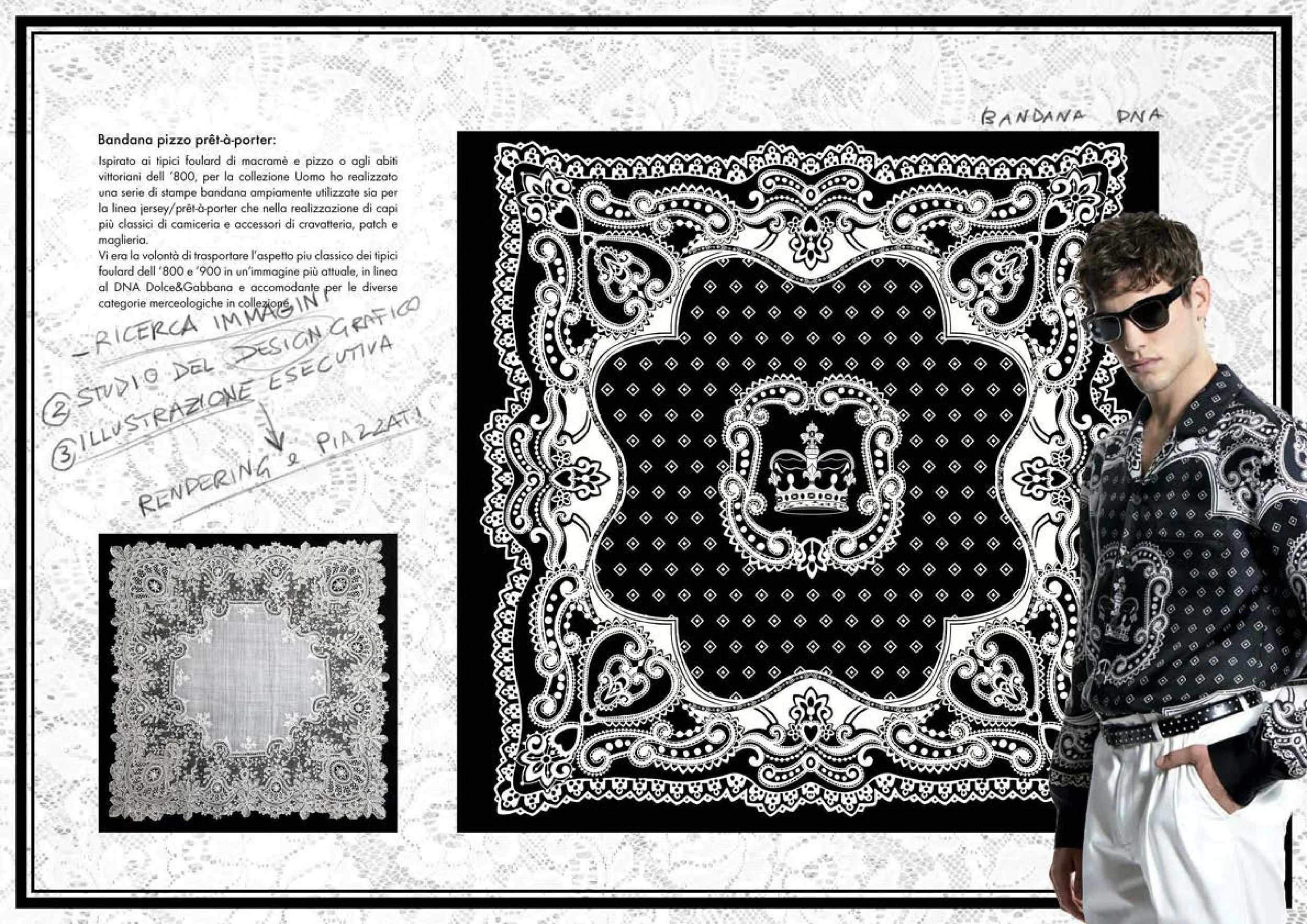 A black and white bandana with intricate paisley and floral patterns next to a person wearing sunglasses and a matching bandana-patterned shirt, standing against a white background.
