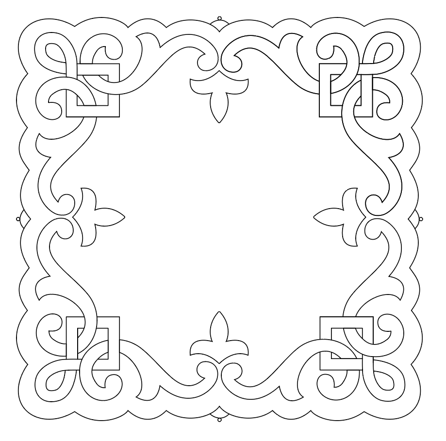 A decorative, symmetrical black-and-white scrolling border with floral and geometric patterns, forming a square frame.