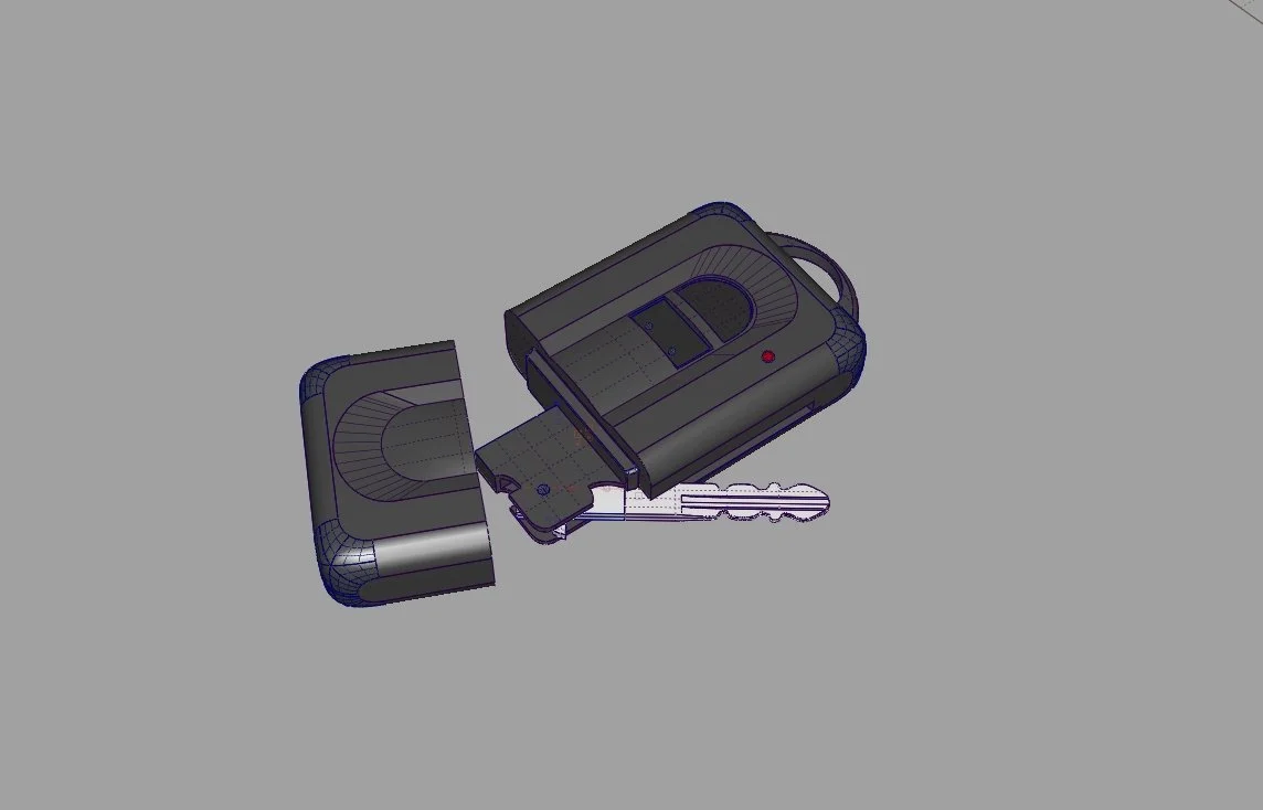 3D model illustration of car keys with a remote key fob, showing the key partially inserted into the remote device.