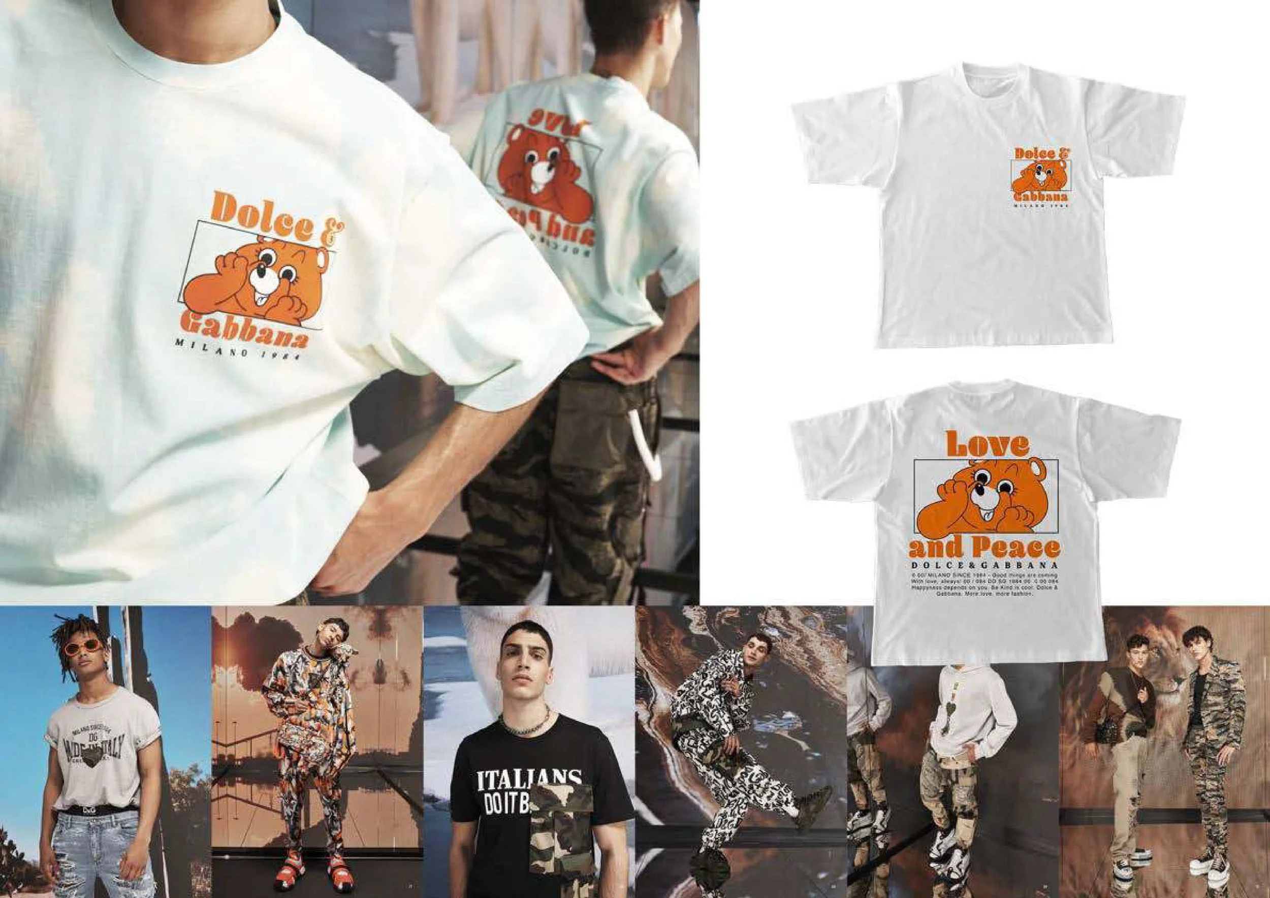 Multiple white T-shirts featuring the Dolce and Gabbana logo and mascot of a cartoon bear, with words like "Love" and "Peace" printed on them.