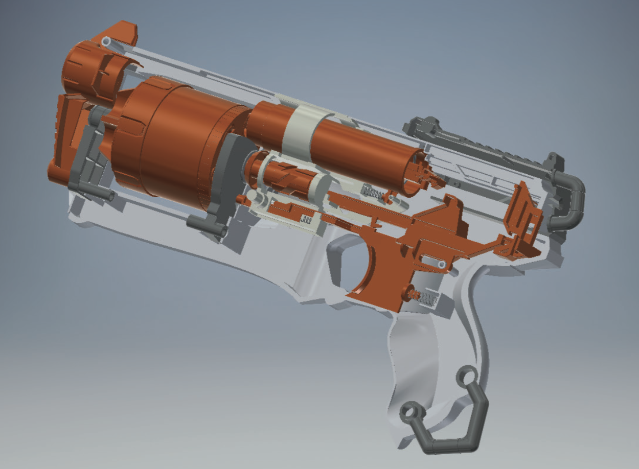 A detailed 3D rendering of a futuristic gun's internal mechanisms, showing components like the orange and gray parts, barrel, and trigger assembly.
