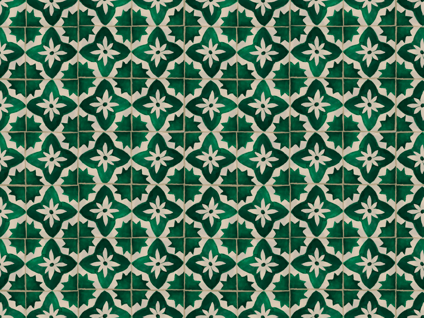 Pattern of green and white tiles with floral and geometric designs.