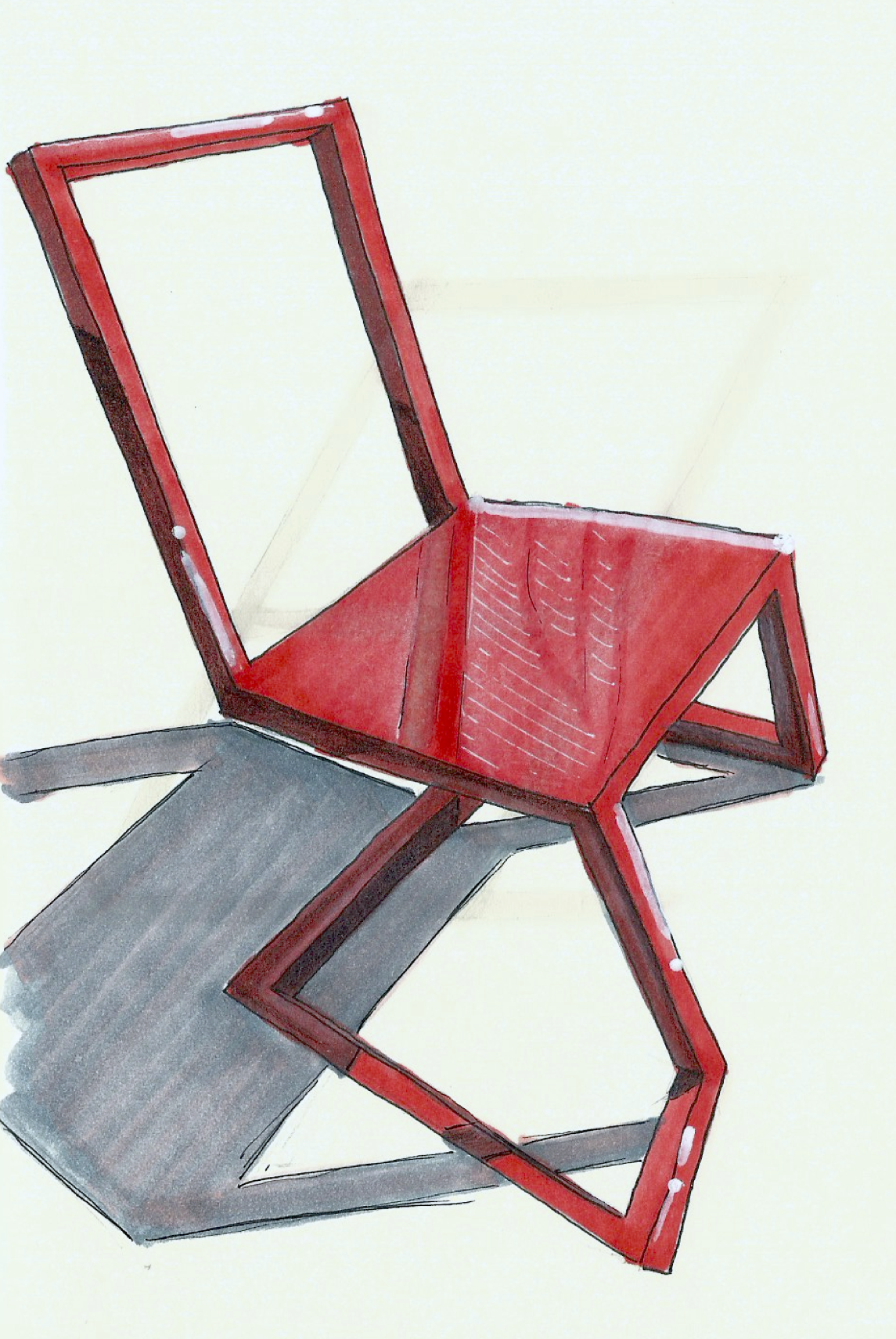 Sketch of a red modern chair with a geometric design and a shadow