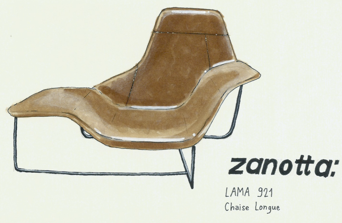 A drawing of an orange-brown lounge chair with black metal legs, labeled Zannotta Lama 921, Chaise Longue.