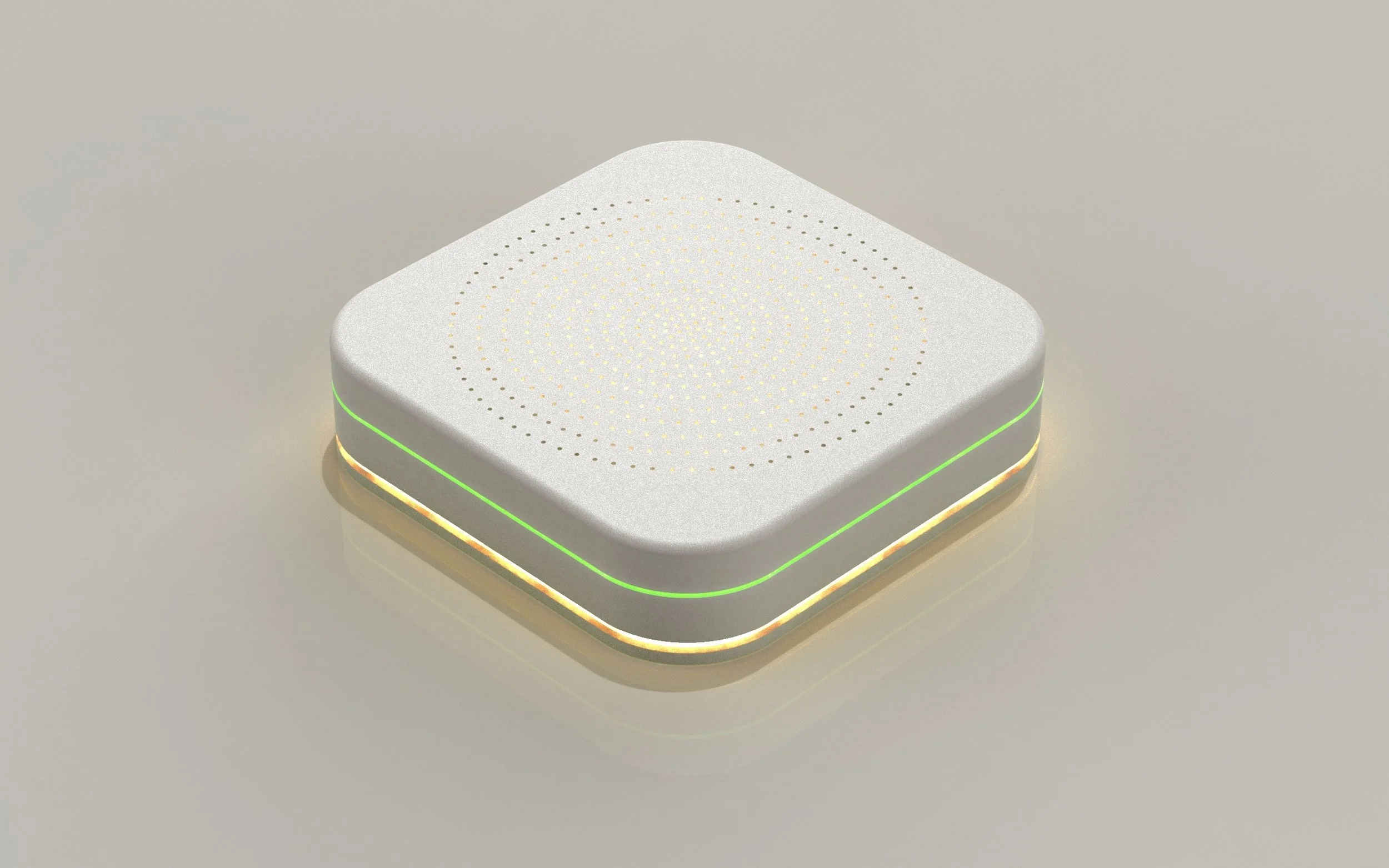 A sleek, white electronic device with a circular pattern of small holes on top and green LED accent lighting around the edges, placed on a plain, light-colored surface.