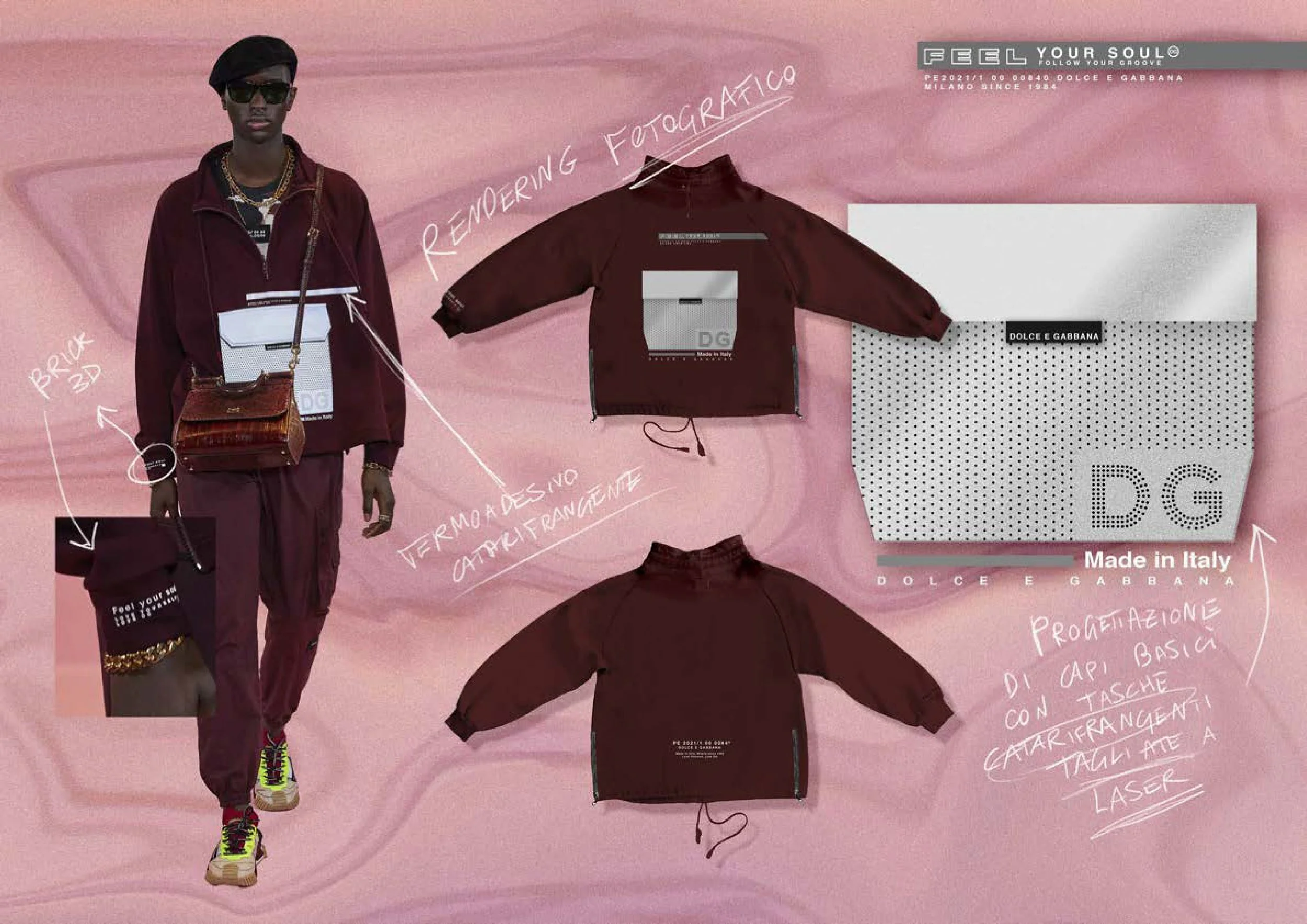 Fashion display featuring a male model in burgundy streetwear with gold accessories, standing against a pink background. The display showcases various clothing items including jackets, with handwritten annotations in Italian describing features like 