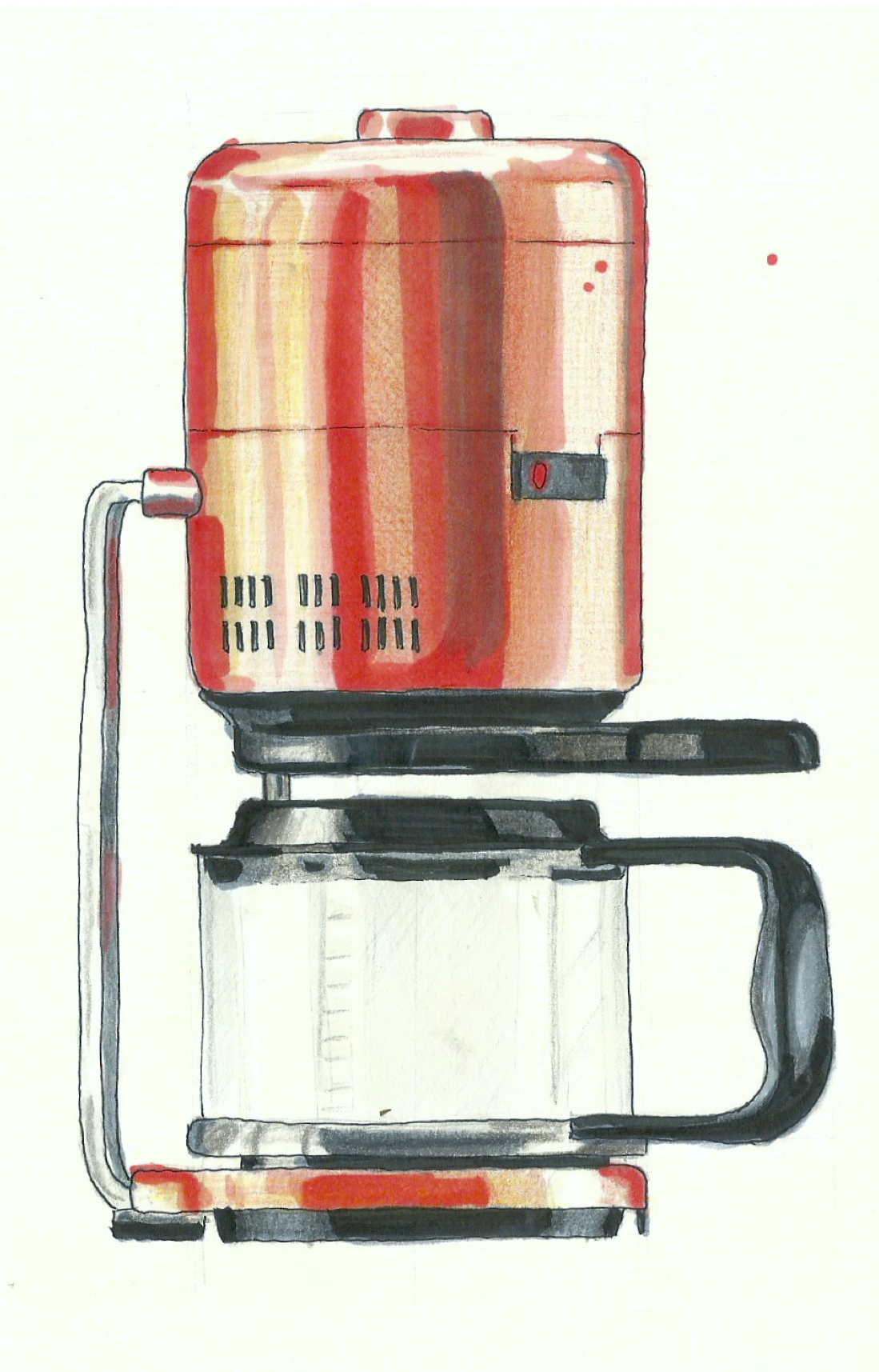 Watercolor illustration of a vintage red toaster on a black metal stand.