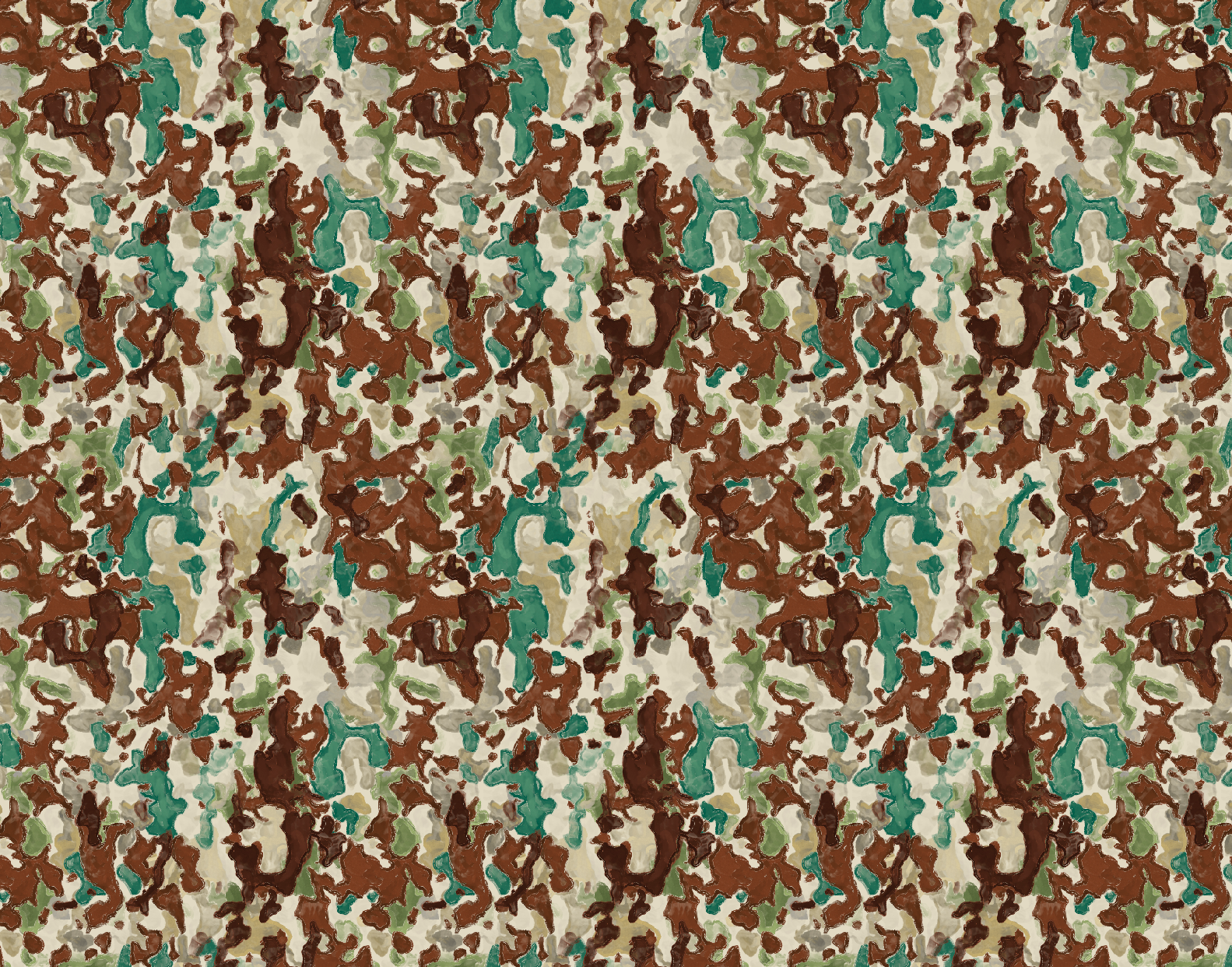 A digital camouflage pattern with irregular splotches in various shades of green, brown, beige, and tan.