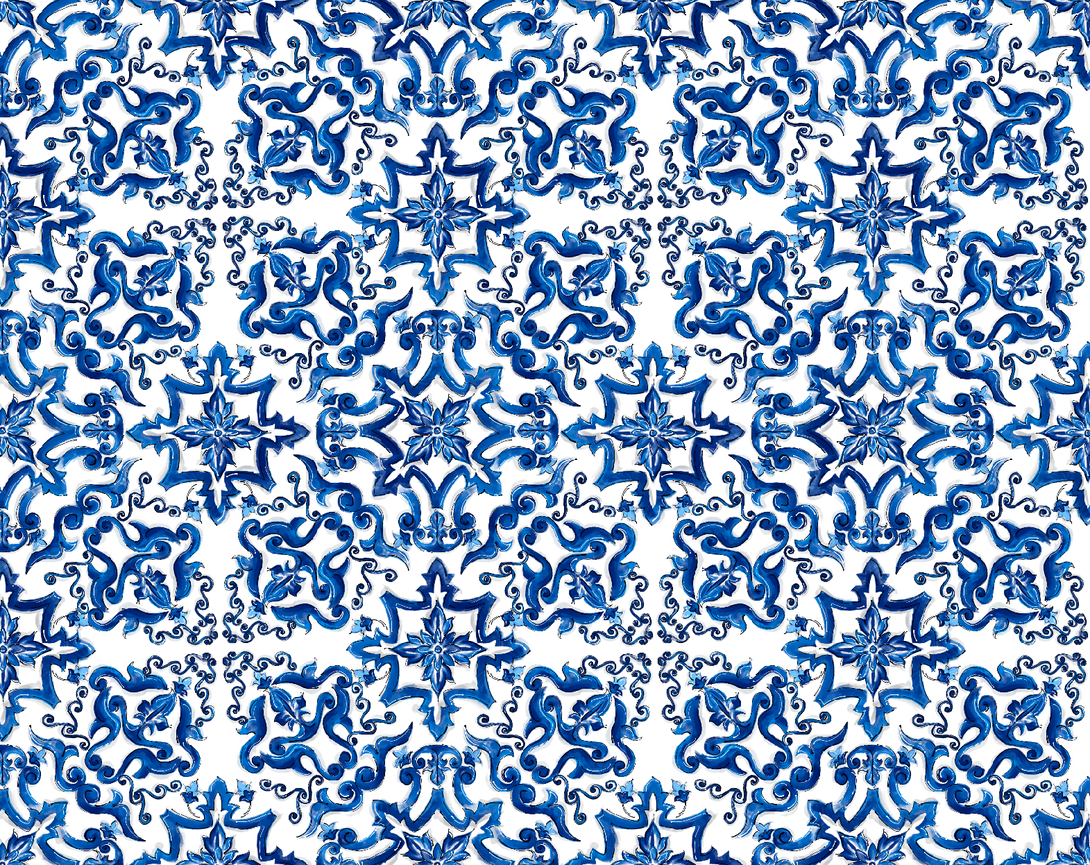 A decorative pattern of blue and white intricate floral and swirl designs, resembling traditional ceramic tile art.